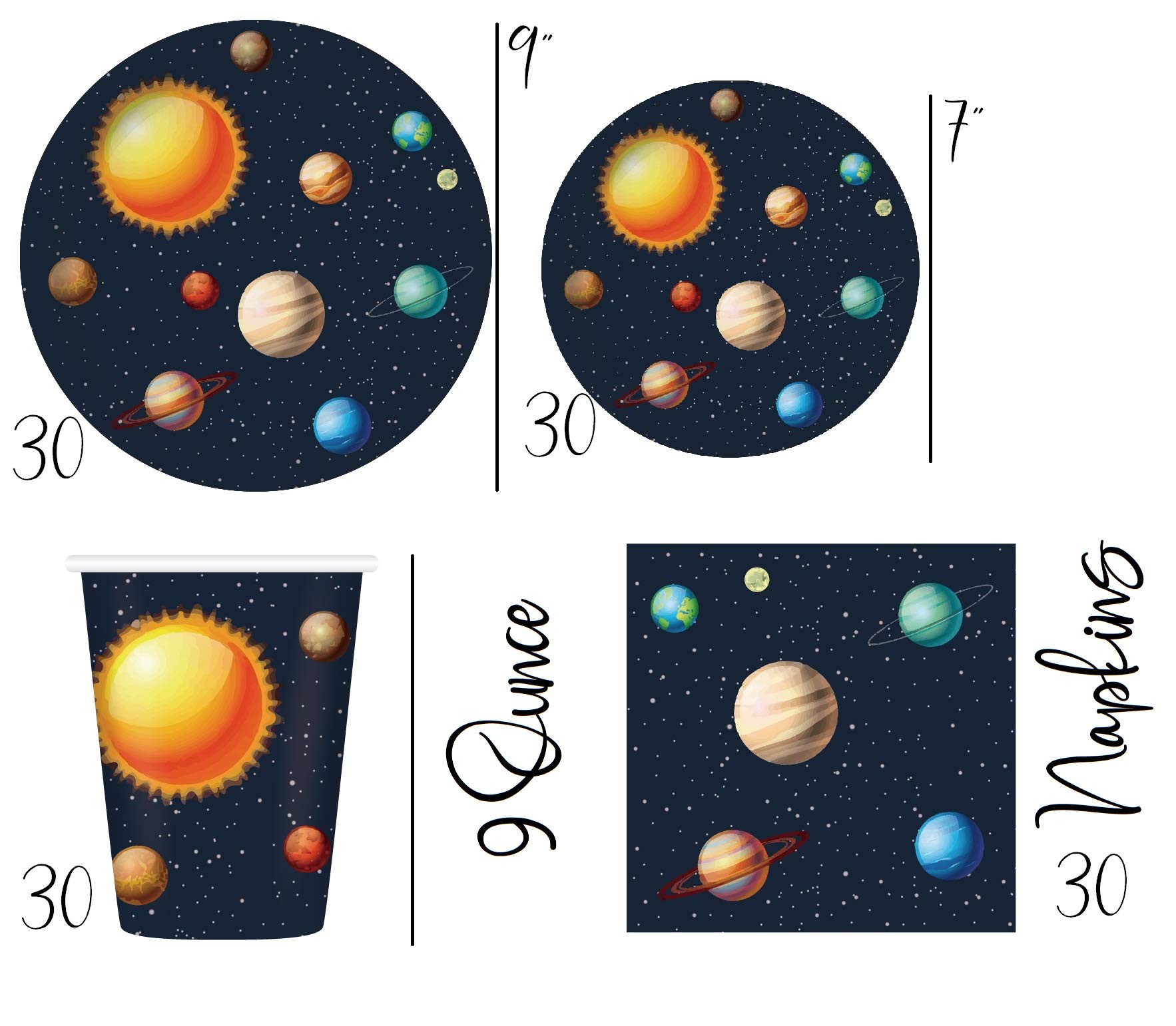 Serves 30 Complete Party Pack Space Theme Party Supplies 9" Dinner Paper Plates 7" Dessert Paper Plates 9 oz Cups 3 Ply Napkins 2 Table Cover 20 Photo Props 1 Banner |pace Party Supplies Space Party Theme