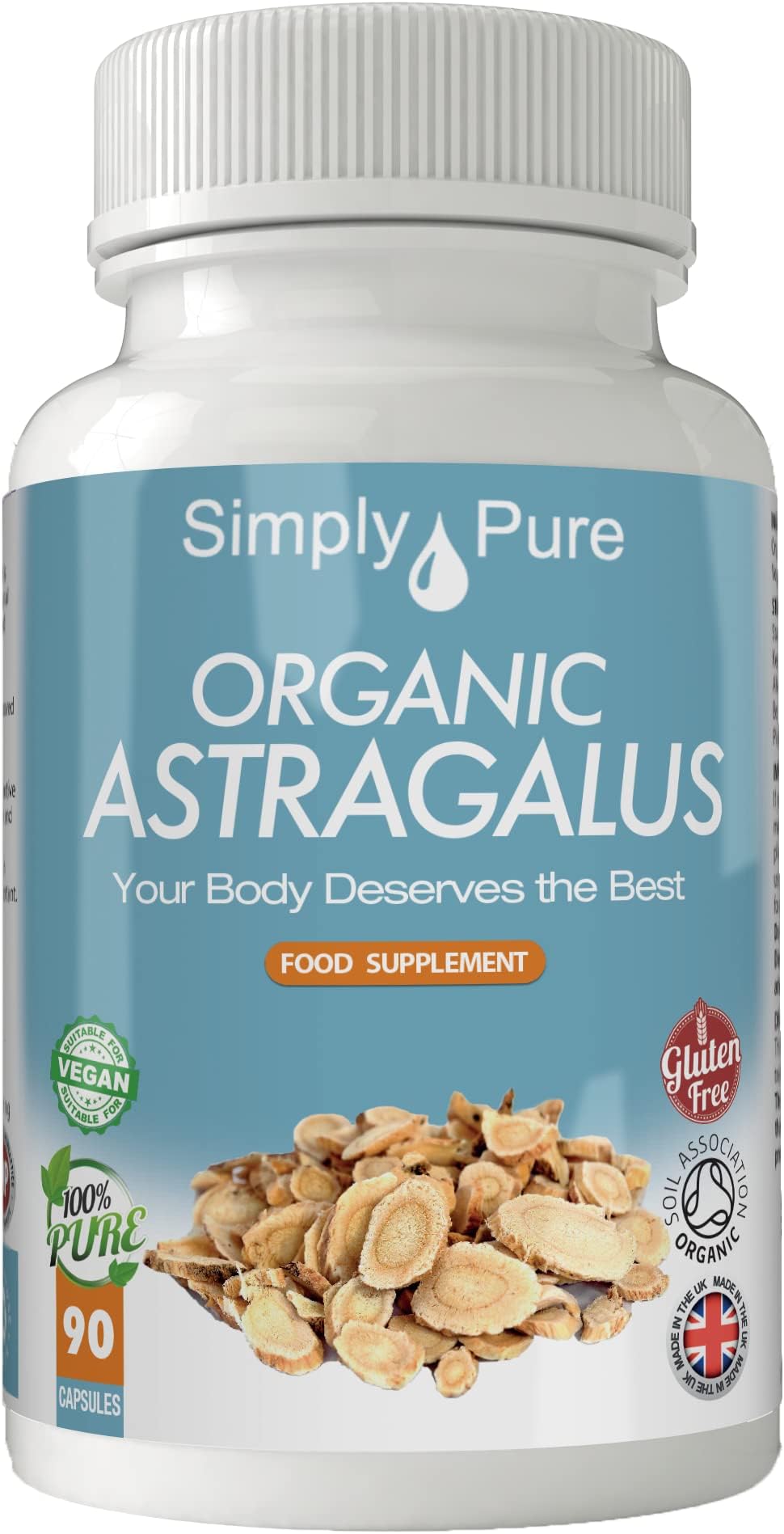Organic Astragalus Capsules x 90, 500mg, 100% Natural Soil Association Certified, Gluten Free, GM Free and Vegan.