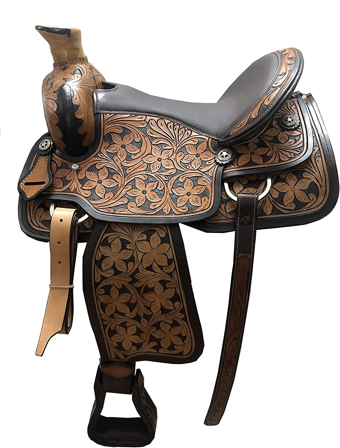 Western Horse Saddle Wade Tree A Fork Ranch Roping Work Handmade Tooled Carved Premium Leather Equestrian Trail Horse Saddle for Horse Riding Size: 10-18 inches Seat, OS29