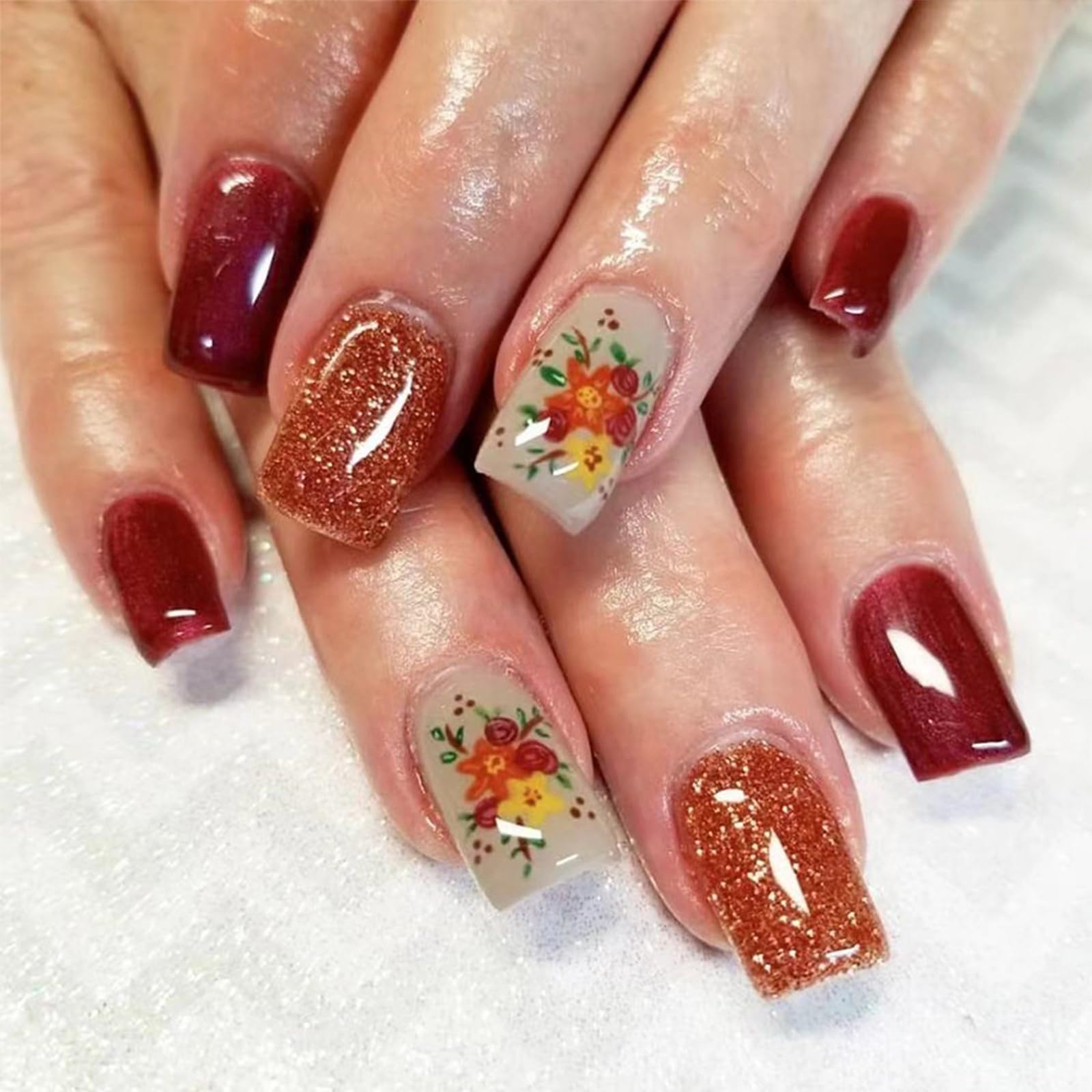 LBPEPAMZ Fall Press on Nails Short Medium Square Fake Nails Autumn Thanksgiving Flower False Nails Orange Glitter Full Cover Acrylic Nails Stick on