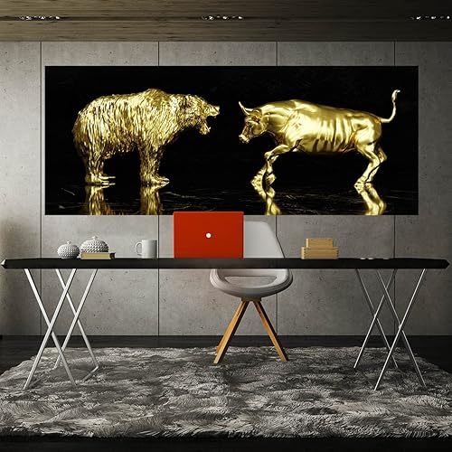 Miniatura 2 de Lienzo decorativo con estatuas de toro vs oso, decoración del hogar, para empresarios dorados, decoración del hogar, grande, 40 x 16 pulgadas 0.75