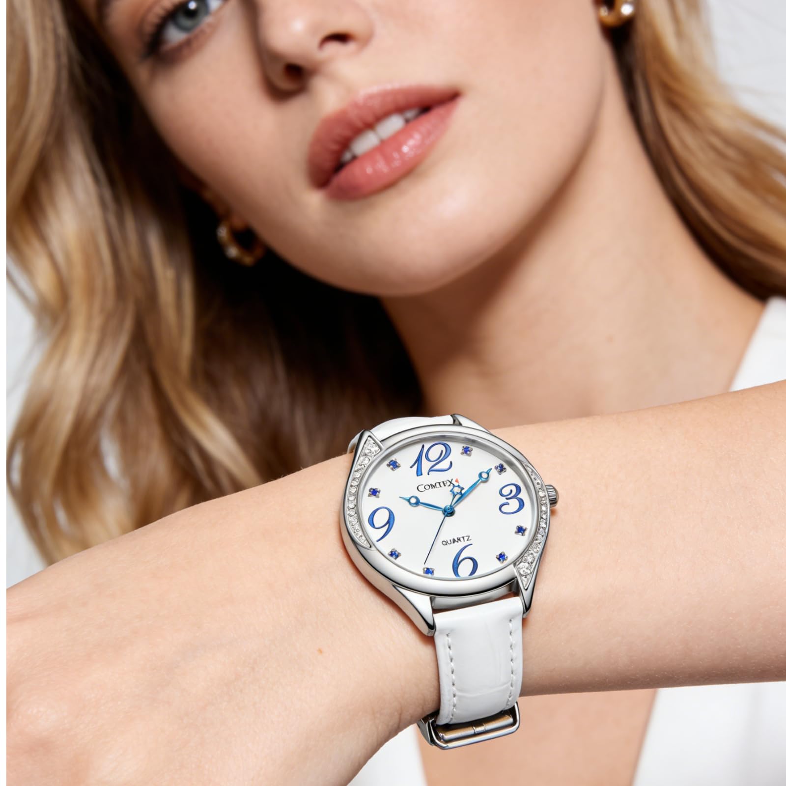 COMTEX Orologio da donna bianco con quadrante grande, in pelle, color oro rosa, cinturino in pelle bianca