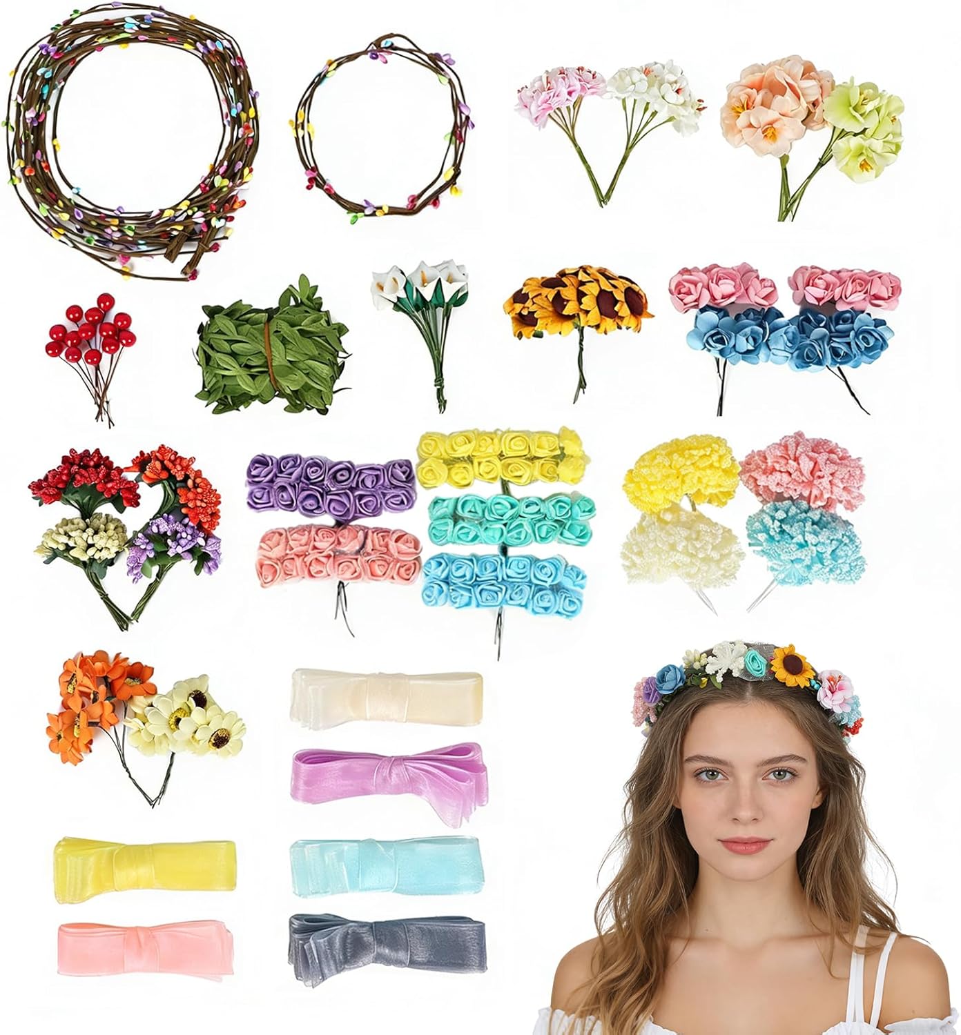25 Sets DIY Flower Crowns Making Kit, 263 Pcs 10 Different Flowers, Make Your Own Flower Crown Headband Making Kit, Can Make 20 Flower Wreaths and 5 Bracelets for Women Birthday Party Gifts Decor