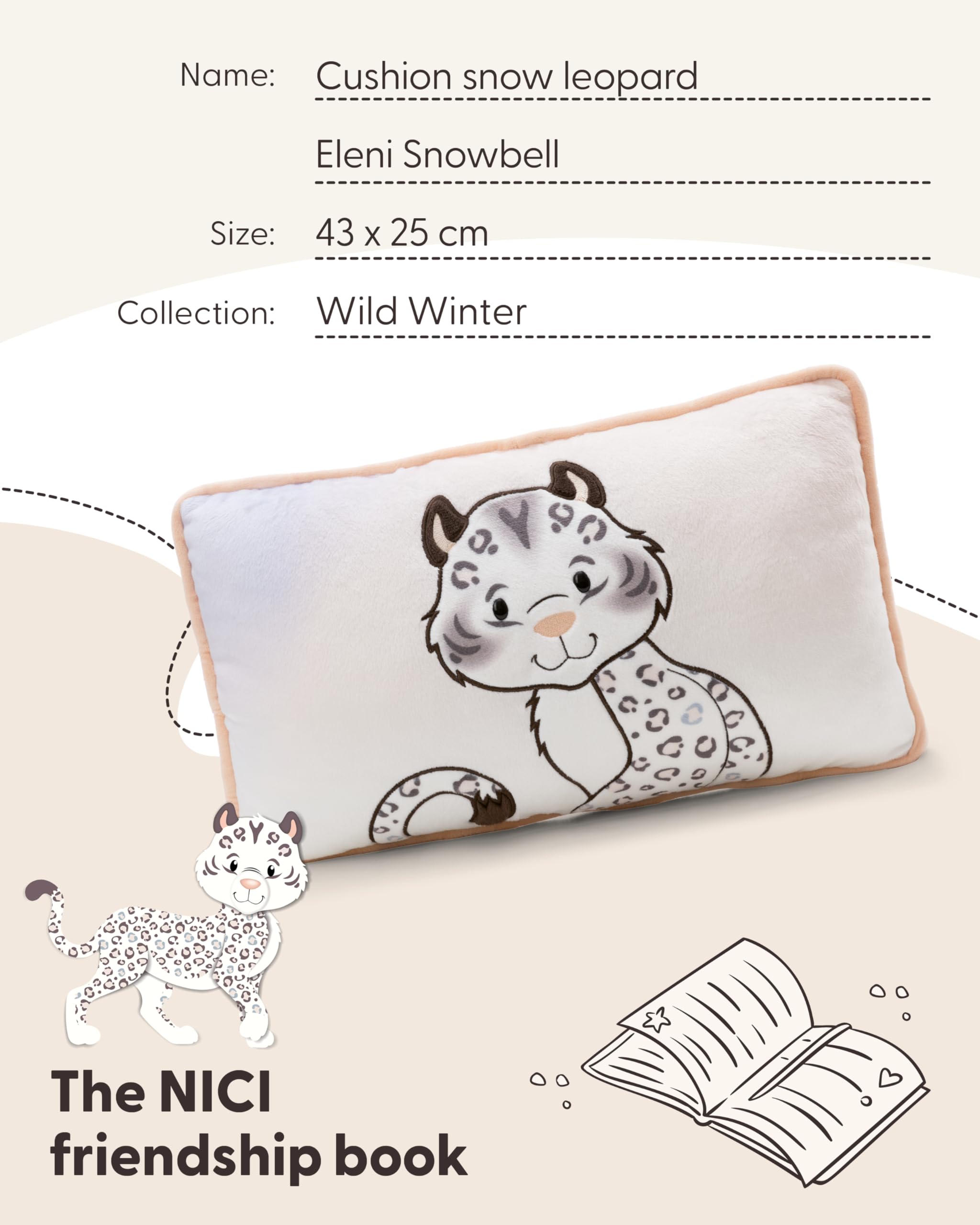 NICI 62445 Pluszowa poduszka, pantera śnieżna Eleni Snowbell, puszysta poduszka do przytulania dla dzieci i dorosłych, idealna do domu, przedszkola lub na podróż, 43 x 25 cm, biała