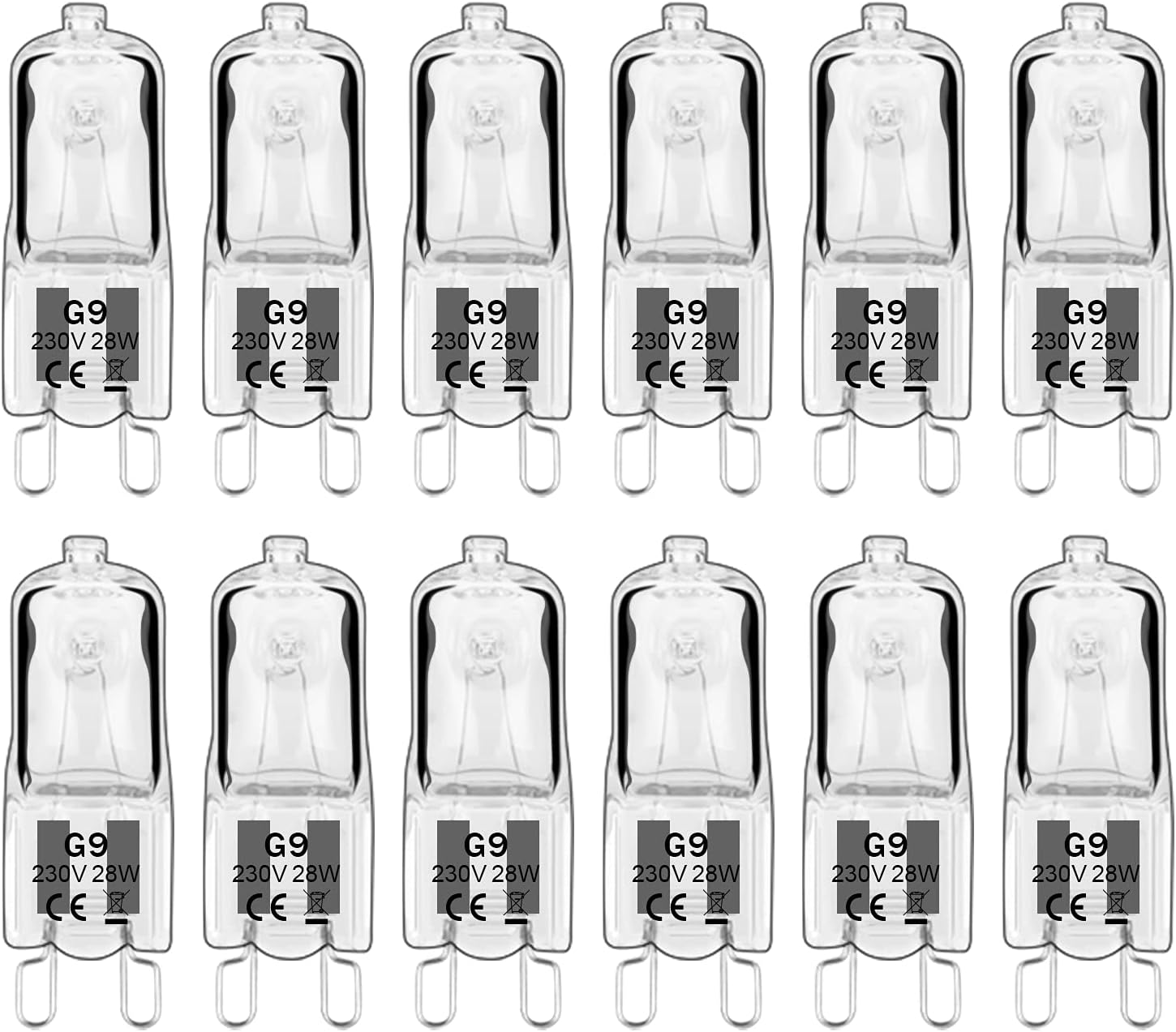 – Haraqi 12 Pack G9 Halogen Bulbs 28W 230V 2800K Warm White 310Lm,Clear Capsule Halogen Lamps Dimmable, No Strobe, No Flicker