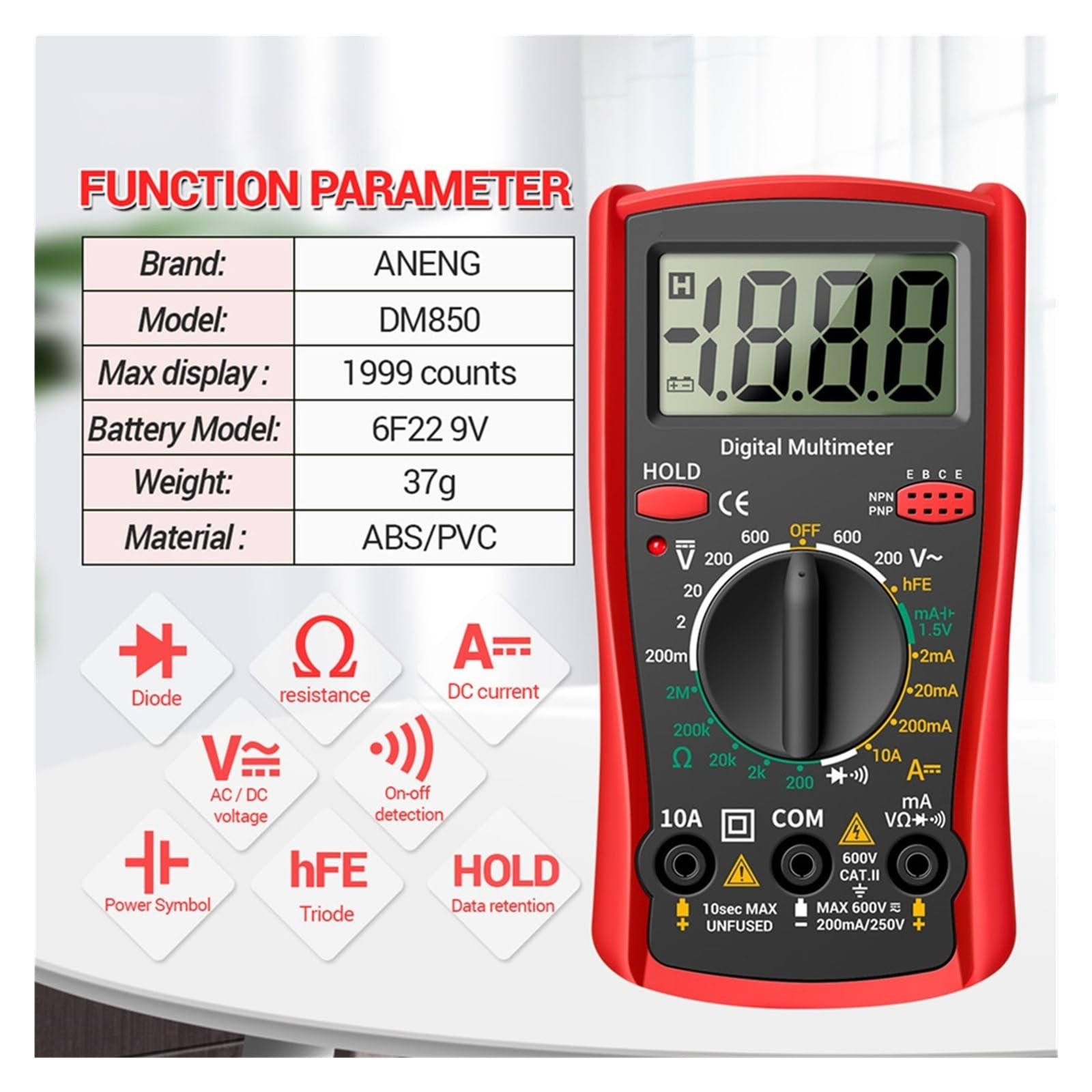 Tester Multimetru 2000 Liczy Inteligentny Multimetr Przenośny AC DC Tester Woltomierz Amperomierz Ohm Napięcie Prądu Rezystancja Miernik Częstotliwości Precyzja Bezpieczny(Red)