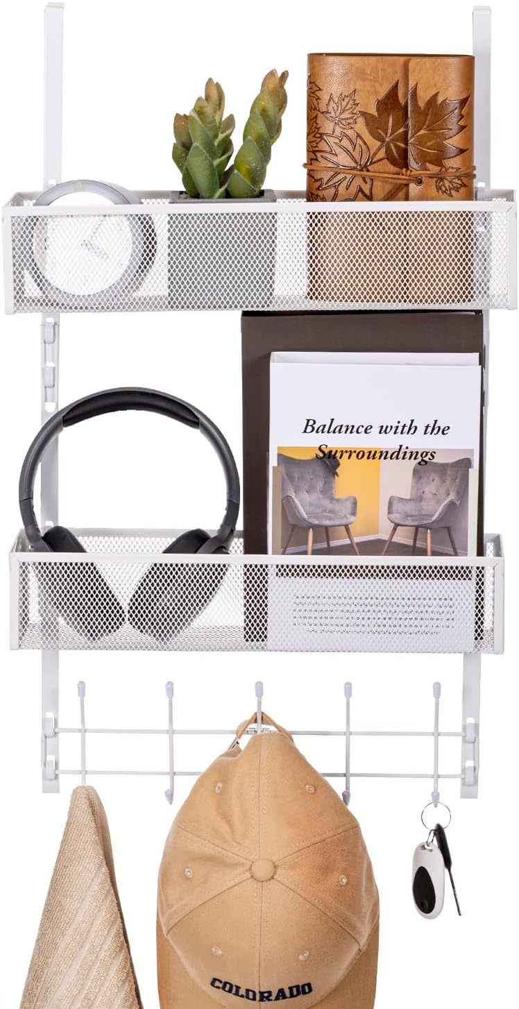 over the door hooks organizer, coat rack with 5 hooks and 2 mesh baskets, bathroom door organizer behind the door storage organizer for bathroom, bedroom, kitchen, office(white) 2 mesh baskets-white