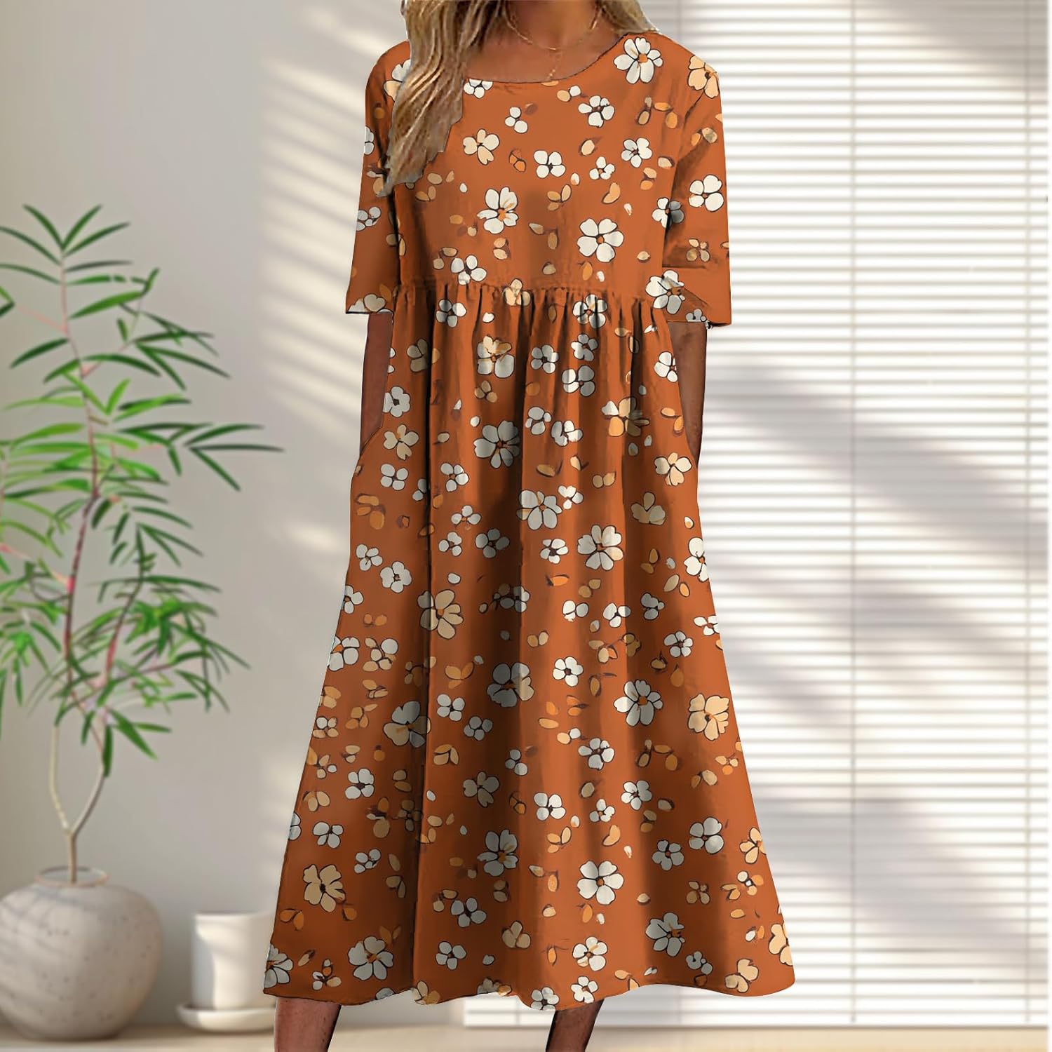 Dress for Maternity Women Vintage Boho Stylish Floral Graphic Short Sleeve Summer Beach Maxi Dress with Pockets - Image 2