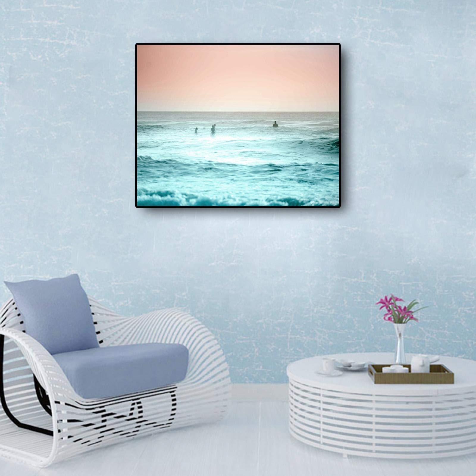 Affiches été surf et vagues avec cadre intérieur en bois tableau bleu océan moderne 40x50 cm