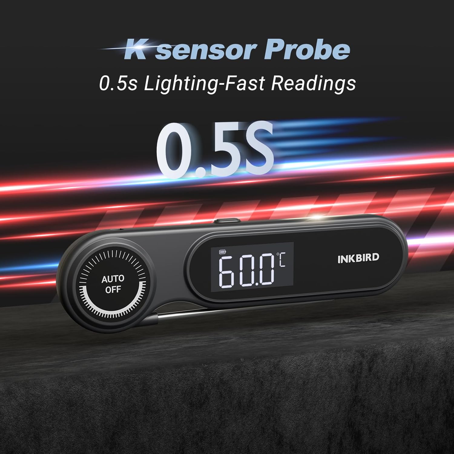 INKBIRD IHT-21K thermometer with probe extended, showing 0.5s fast reading