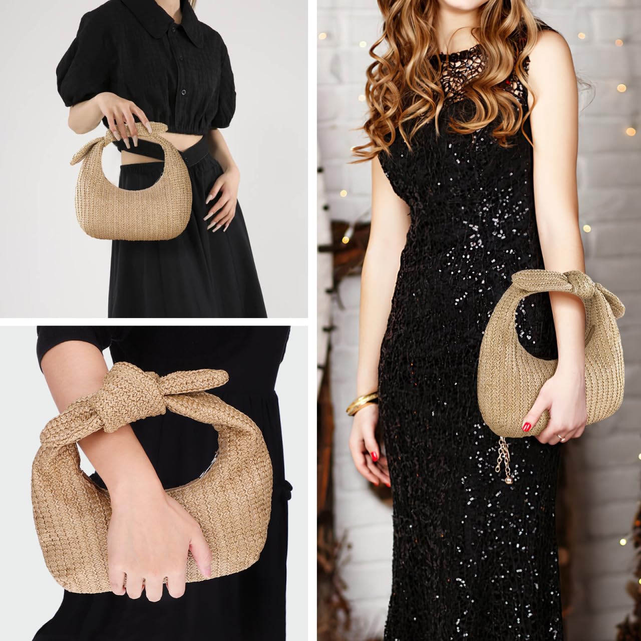 Bolso de mano de paja anudado para mujer, con lazo tejido, para verano, playa, bolso de mano, bolso de mano de noche, bolso de mano para verano, formal, boda, fiesta, beige, 24.00X13.00X5.00CM