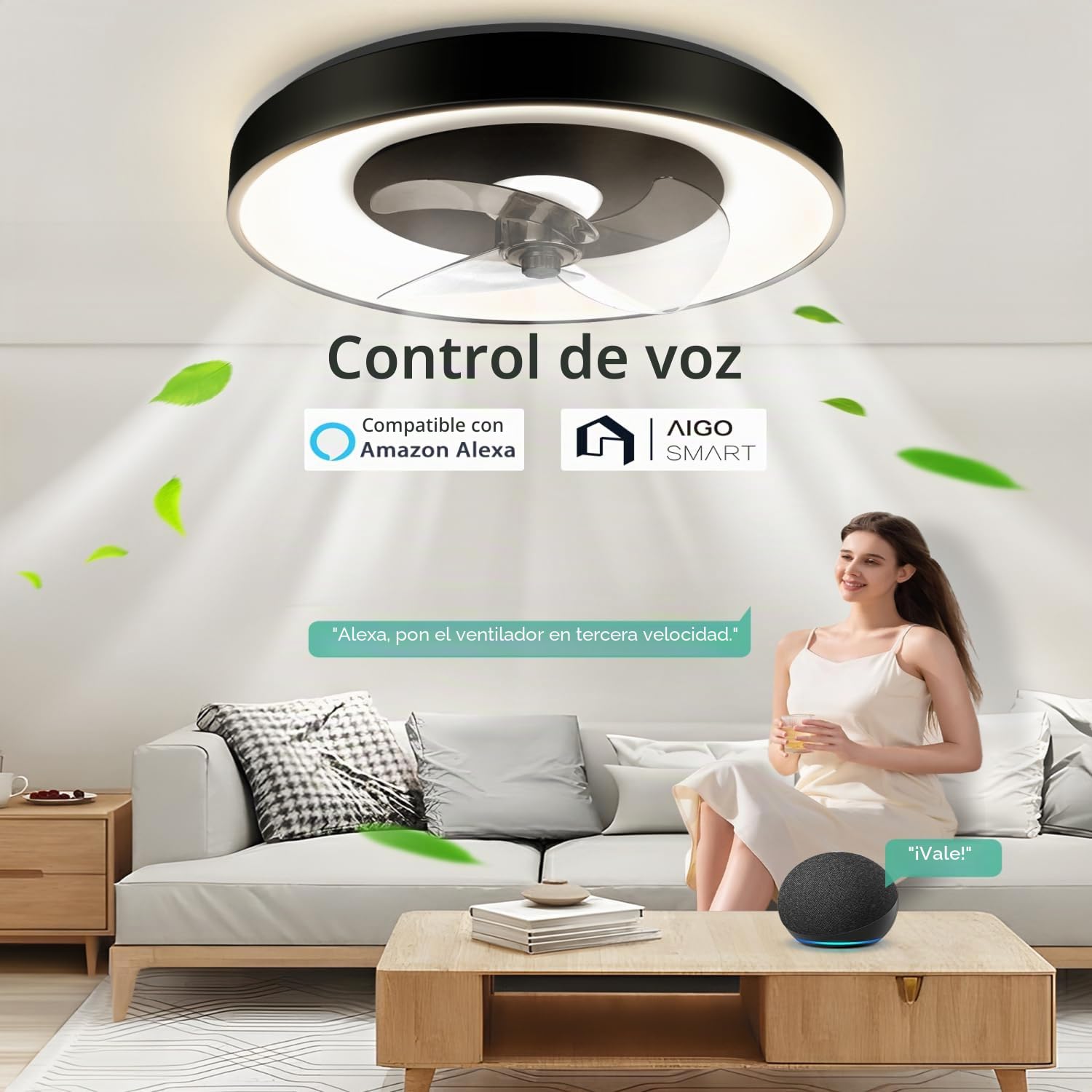Aigostar Ventilador Techo Alexa, 40W, 4400LM, 2700K-6500K Regulable, 6 Velocidades, 50CM - Ventilador de Techo Wifi con Mando a Distancia y Gateway, para Sala de Estar, Dormitorio