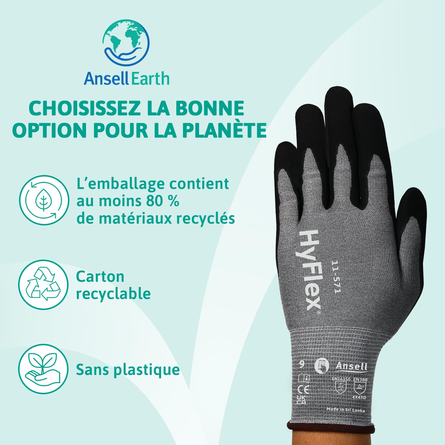 Ansell HyFlex 11-571 Gants Anti-Coupures, Enduction Nitrile Résistante à l'Abrasion, Gants de Travail Professionnels Haute Protection, Homme Femme, Gris, Taille L (12 Paires)