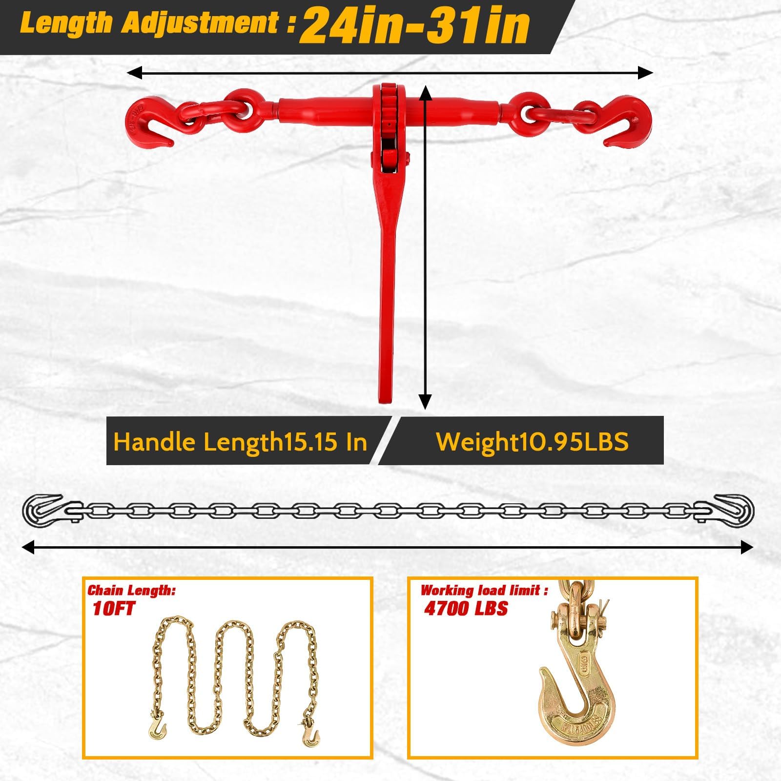 Garvee Tendeur à cliquet Garvee, kit chaîne G70, lot de 2 chaînes 1/4-5/16 Pouces x 3,048m, charge 4173kg, crochets de préhension, transport sécurisé