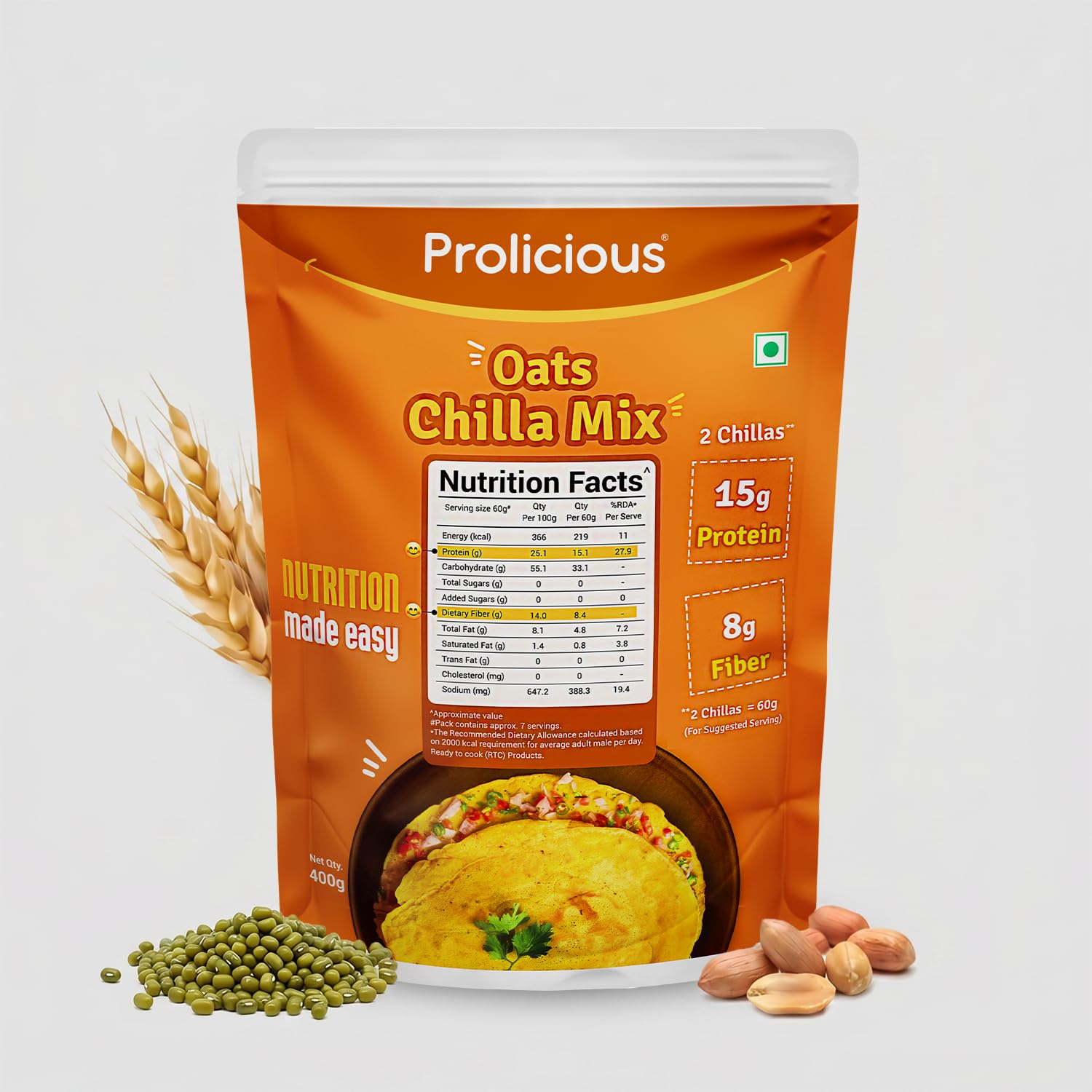 "Prolicious Oats Chilla Mix | Upgrade Your Breakfast | 15g Protein + 6g Fibre Per Serving | High Protein & Fibre Instant Breakfast, Ready in 3 Min | Tasty & Healthy Masala Breakfast | Oats, Moong & Peanut Flour | For the Whole Family | 400g
