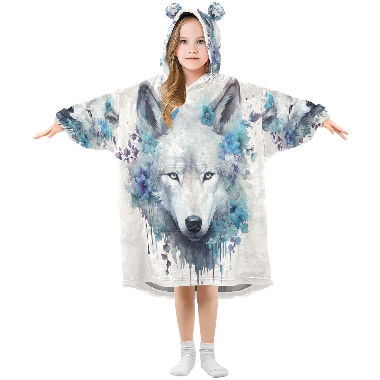Kigai Watercolor Wolf wearable blanket hoodie for kids, 3-14 YR Oversized Cozy Sherpa Hooded Blanket with Pocket