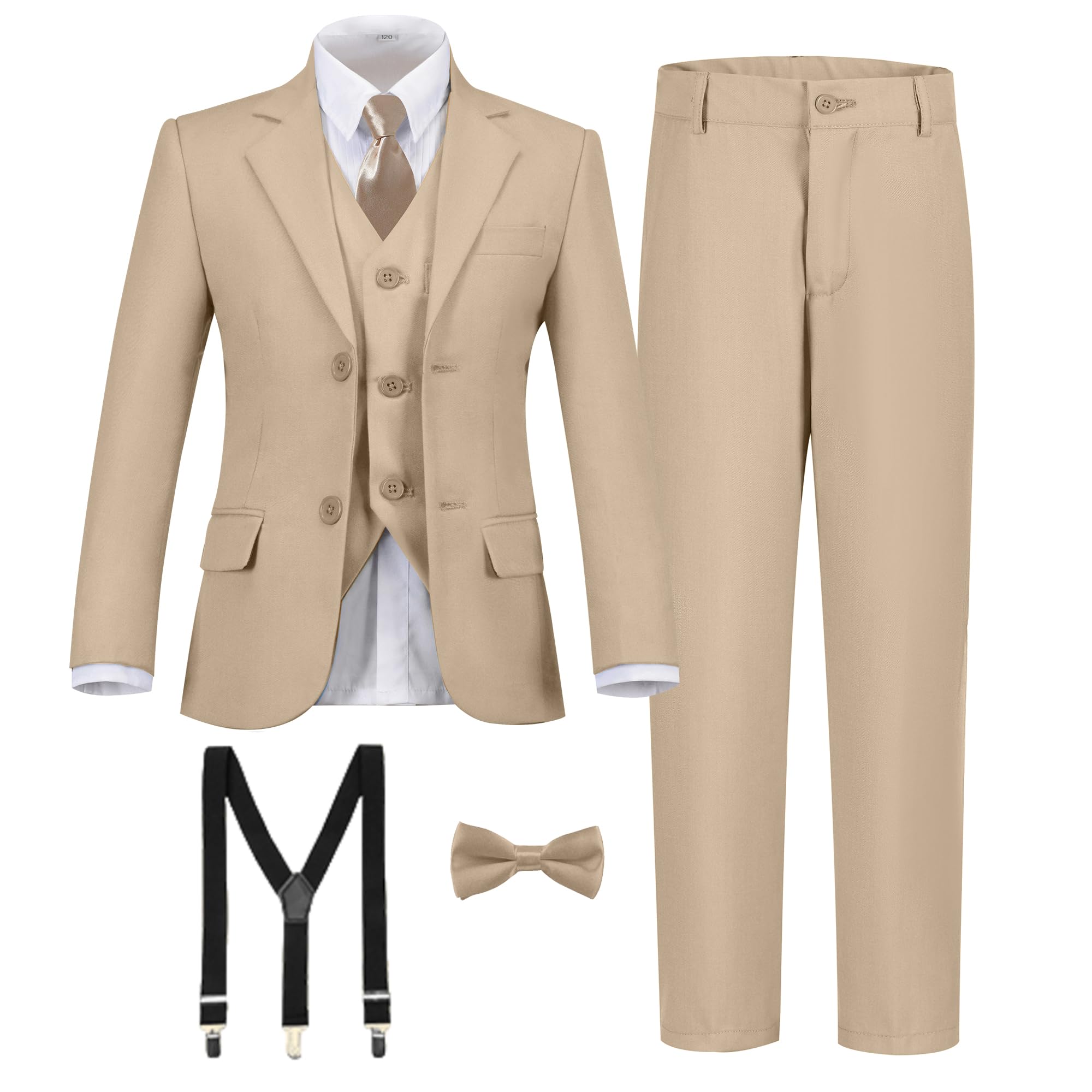 Boy's Formal Suit 7 Piece Slim Fit Tuxedo for Kids Teen Boys Jacket Vest and Pants Set for Wedding with Bow Tie Suspenders