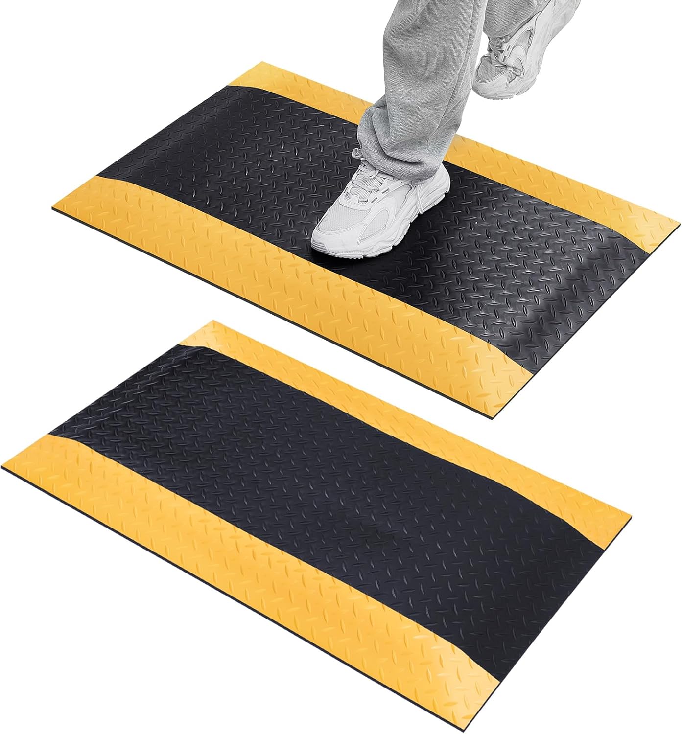 Timgle 2 Pcs Industrial Anti Fatigue Floor Mat 2.6 x 1.6 ft Anti Fatigue Mat Waterproof Standing Mat Anti Slip Commercial Floor Mat for Office Workplace Garage Shop Kitchen, Black with Yellow Border