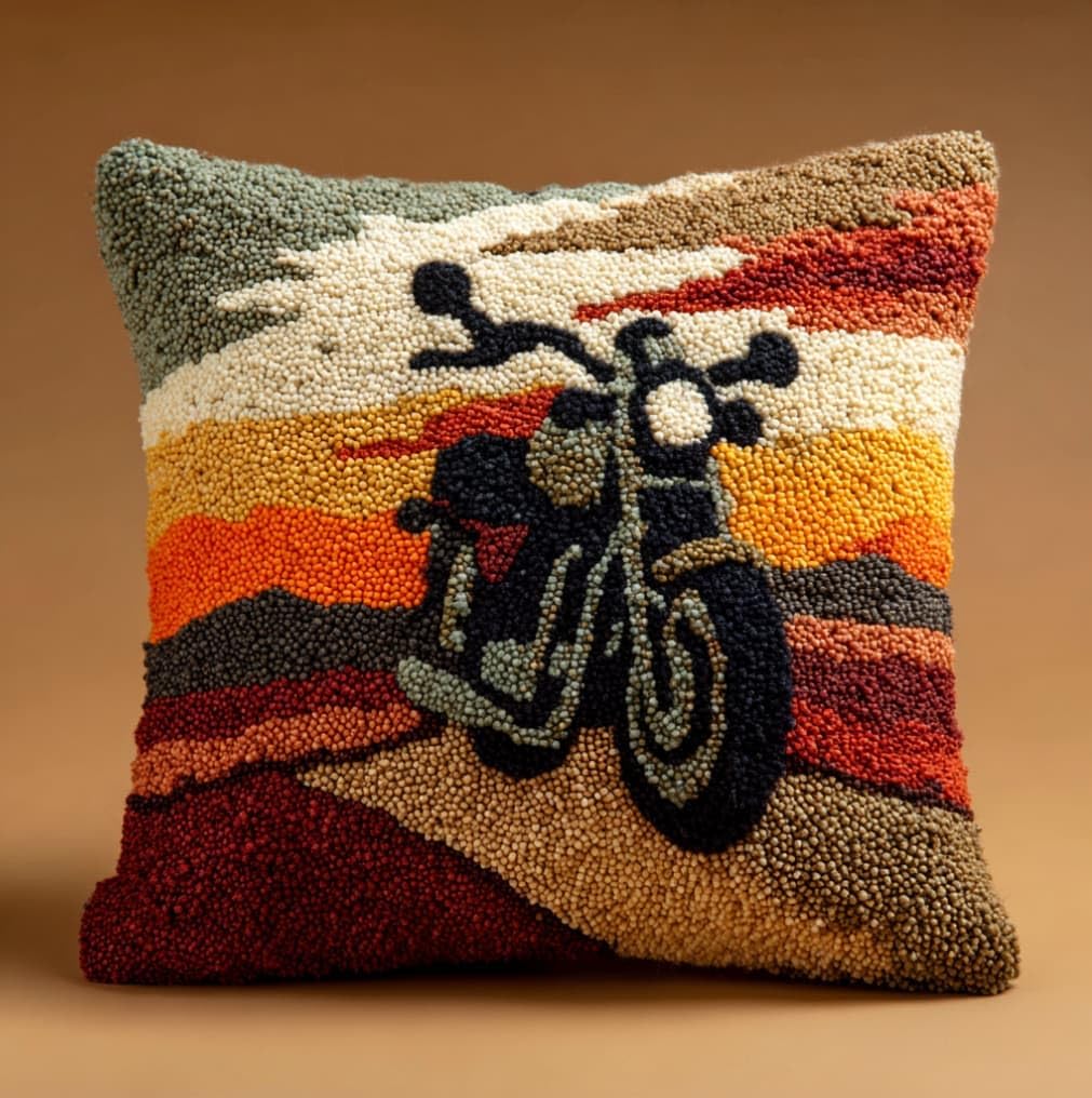 WallustrioaW Latch Hook Pillow Case Kits,Motorcycle 17X17 Inch Latch Hook Cushion Cover Kit,Knitting Kits Cushion for Adults Rug Making Kit for Starters