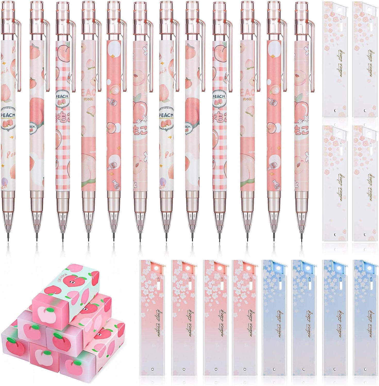12 Pieces Kawaii Juice Peach Mechanical Pencil,with 6 Cute Peach Erasers and 12 Tube HB Pencil,Refills Fruit Mechanical Pencil Set for Student Writing, Drawing, Sketching, Architecture (0.5mm)