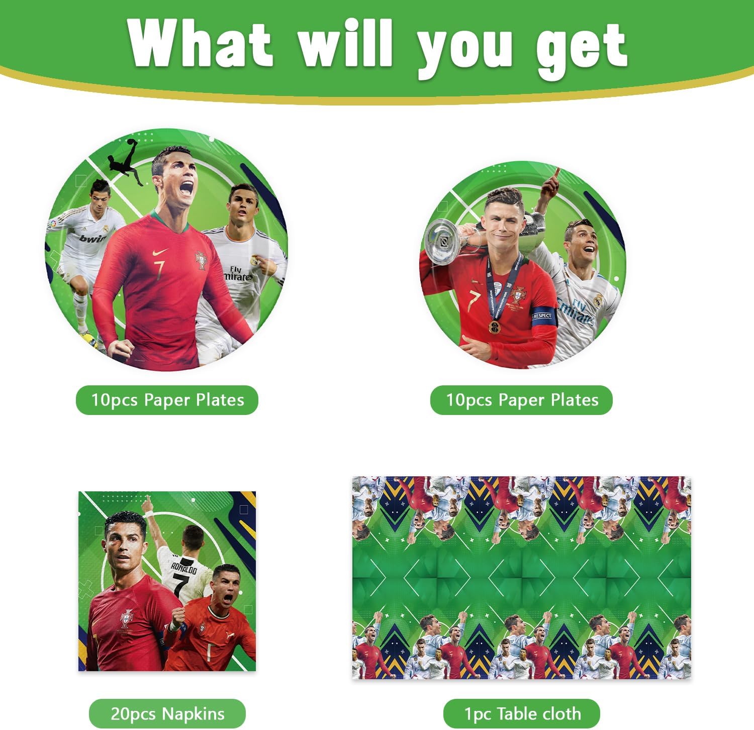41pcs Soccer Ronaldo Party Decorations Tableware Dessert Plates and Napkins for Soccer Ronaldo party supplies