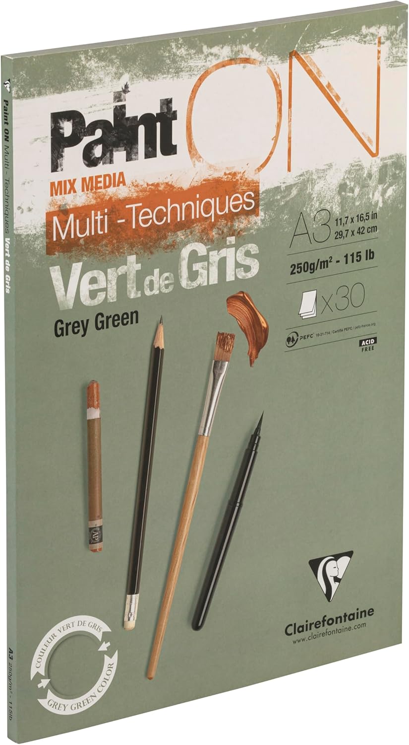 Clairefontaine Paint On A3 Pad, Gray Green, 30 Sheets, 250 GSM Mixed Media Paper, PEFC Certified, Acid Free, ISO 9706 Standards, Watercolor, Oil Painting, Pastel, Acrylic, Inks, Pencils,