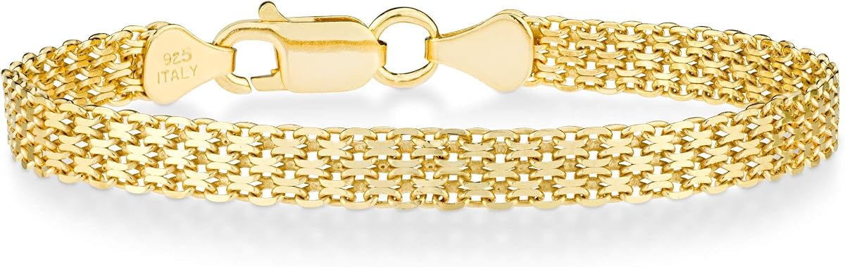 18K Gold Plated 925 Sterling Silver Italian 6mm Solid Bismark Mesh Link Chain Bracelet for Women, 925 Made in Italy
