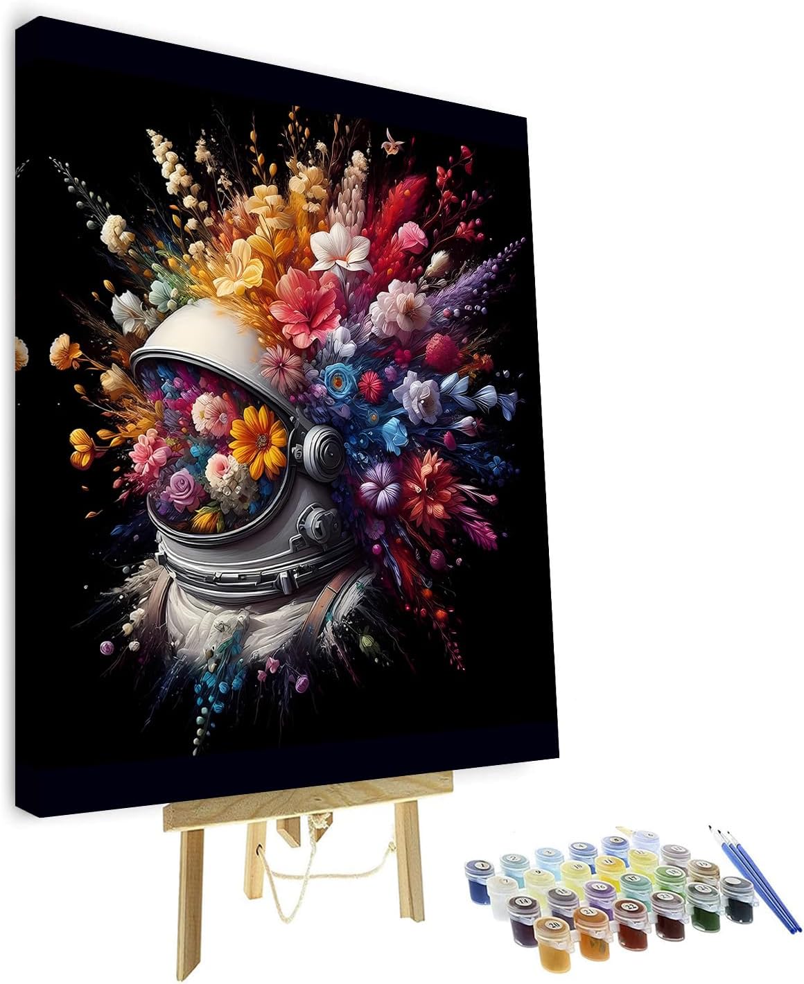 Astronaut's Floral Paint by Number Kits, Astronaut Flower Helmet Paint by Numbers DIY Paint by Numbers Kit for Adults, Bloom Flower Paint by Number on Canvas Paint for Home Decor 16x20inch with Frame