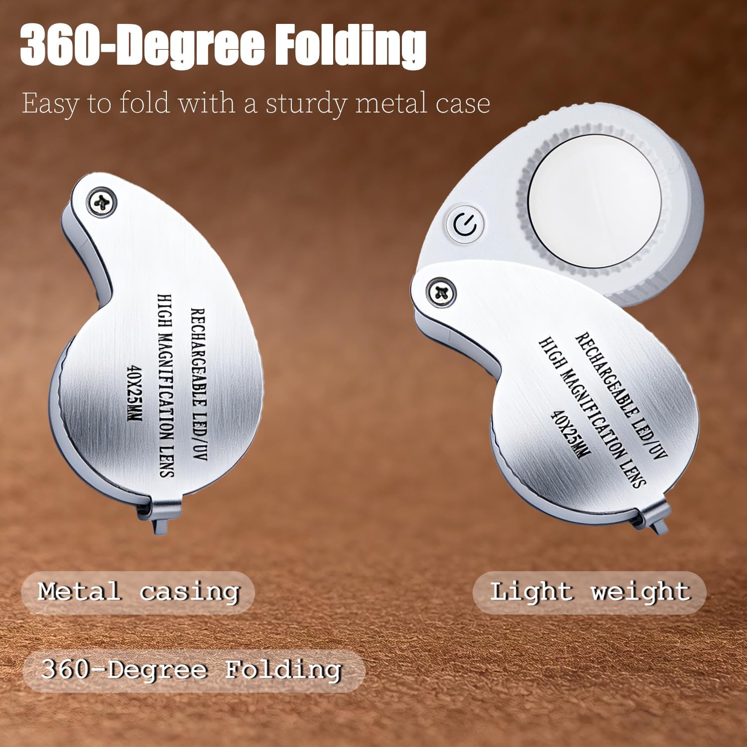 40X Rechargeable Jewelers Loupe, 2 Modes LED UV Light Foldable 25mm Eye Loop, Portable Pocket Magnifying Glass for Jewelry, Currency, Gemstones, Coins, Stamps