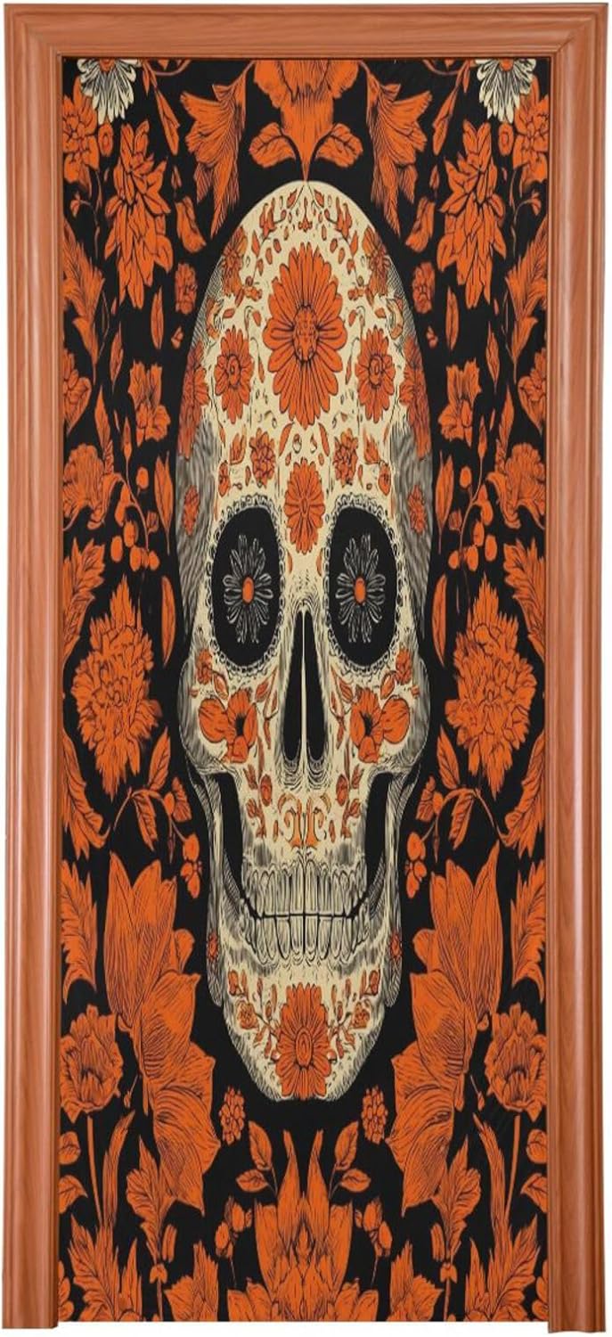 Emelivor Halloween Skull Flowers Orange Door Cover Washable High Elastic Festive Door Cover Removable Fabric Covers Decorative for Home Decor Indoor Outdoor Party Accessory, 35 x 79 in