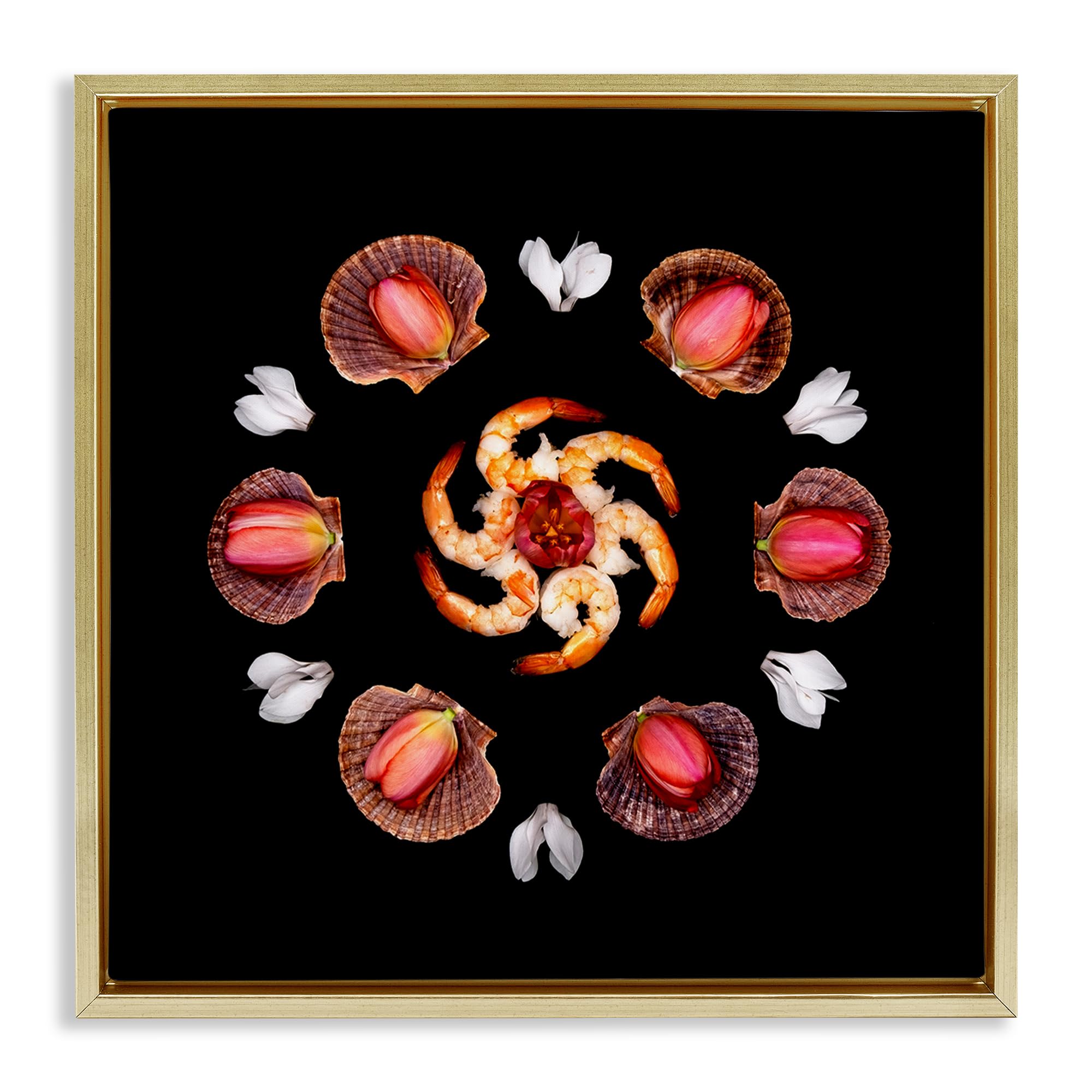 Stupell Industries Metallic Gold (Matte) 'Seashells & Tulips Symmetry'| Floating Frame Canvas Art