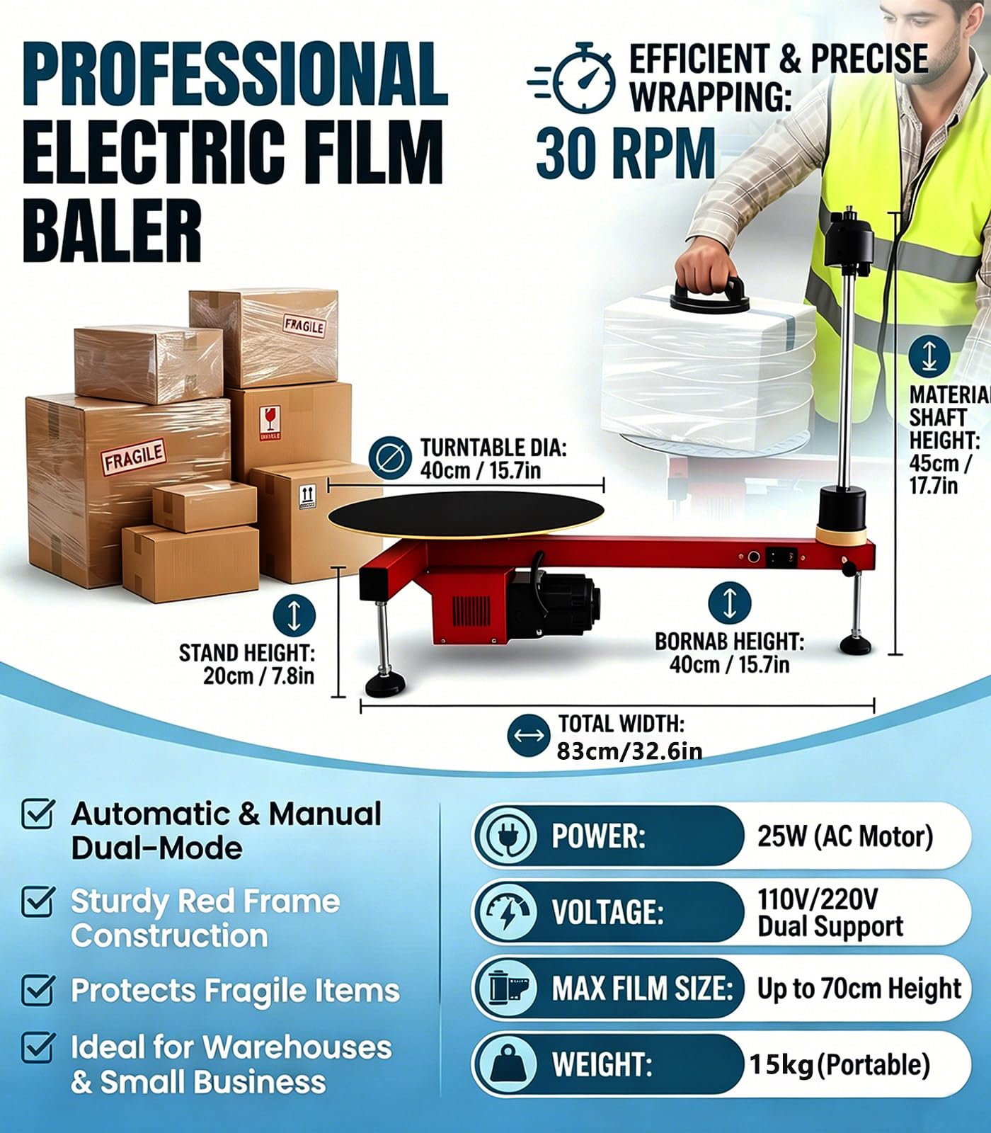 Envolvedora eléctrica de palés con Film Estirable 20cmFilm-220V | Herramienta automática de tensado y flejado con plataforma giratoria de 40 cm, para logística.