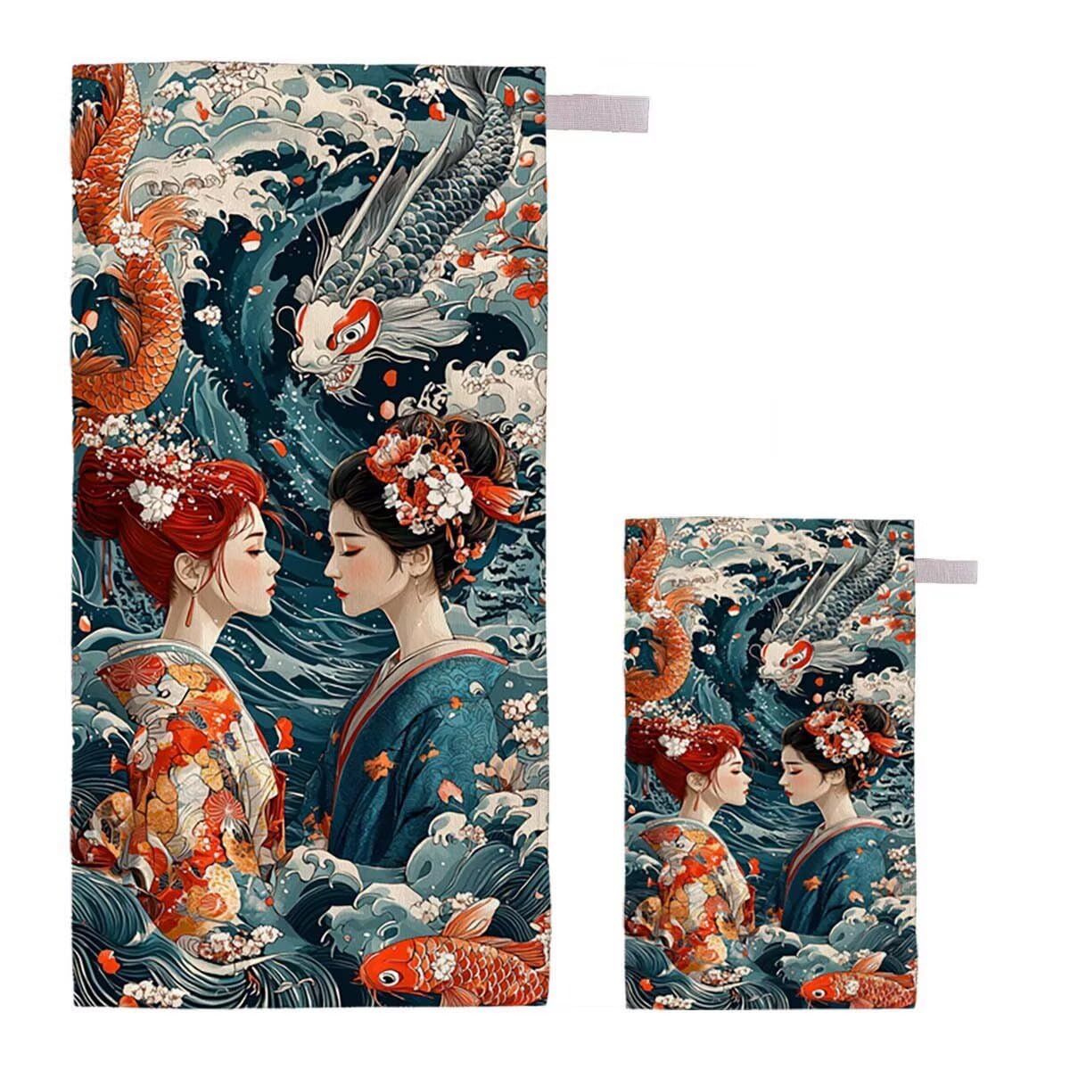 Serviette de Plage Japon Lot de 2 Serviette Microfibre Drap de Plage XXL 100x200cm/35x70cm, Séchage Rapide Anti Sable Drap de Bain, Vacances Plages Accessoire pour Voyages Camping Pique-nique E-69