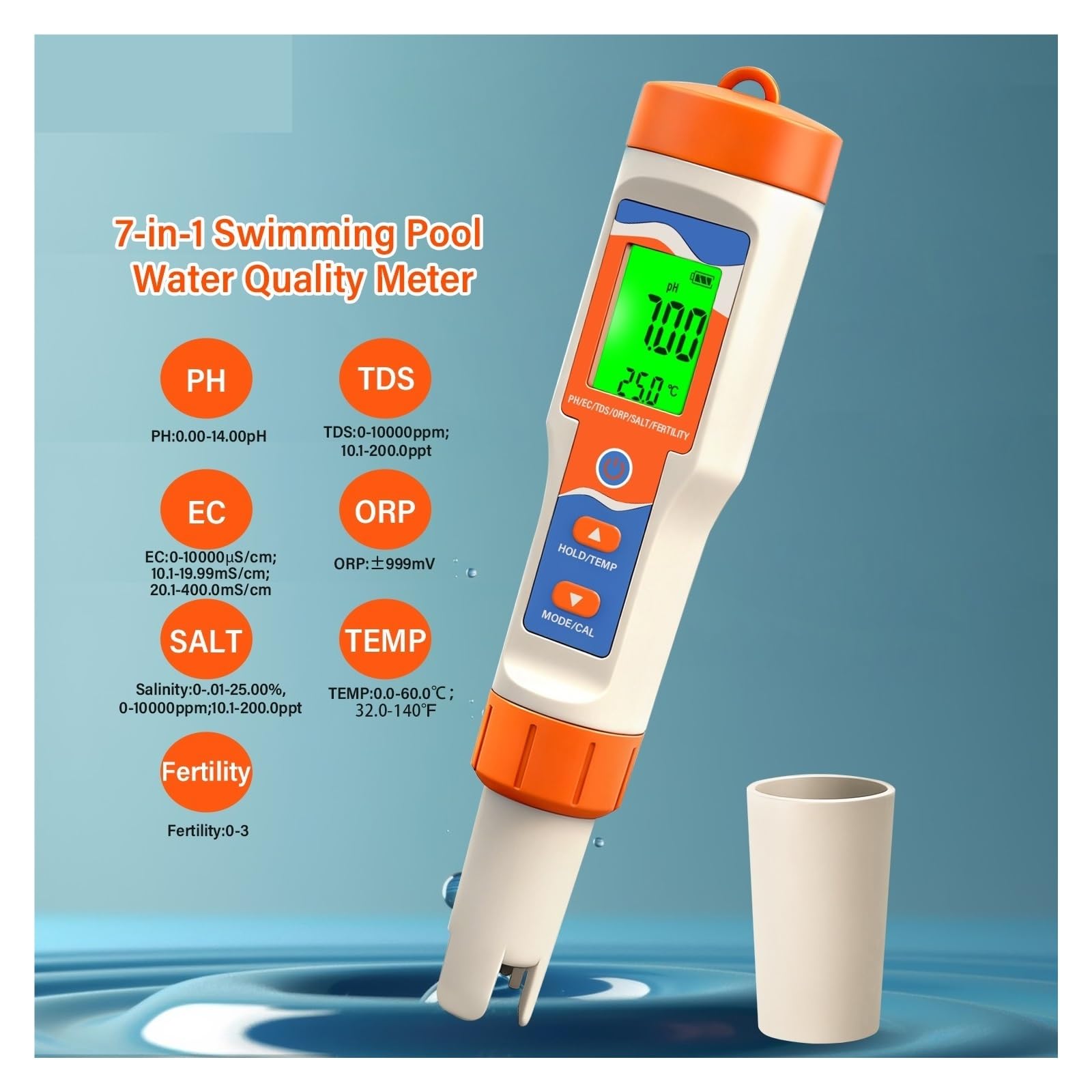 Tester dell'Acqua, Misuratore Digitale della qualità dell'Acqua 7 in 1 for Piscine Spa PH/ORP/Sale/TDS/EC/Temp