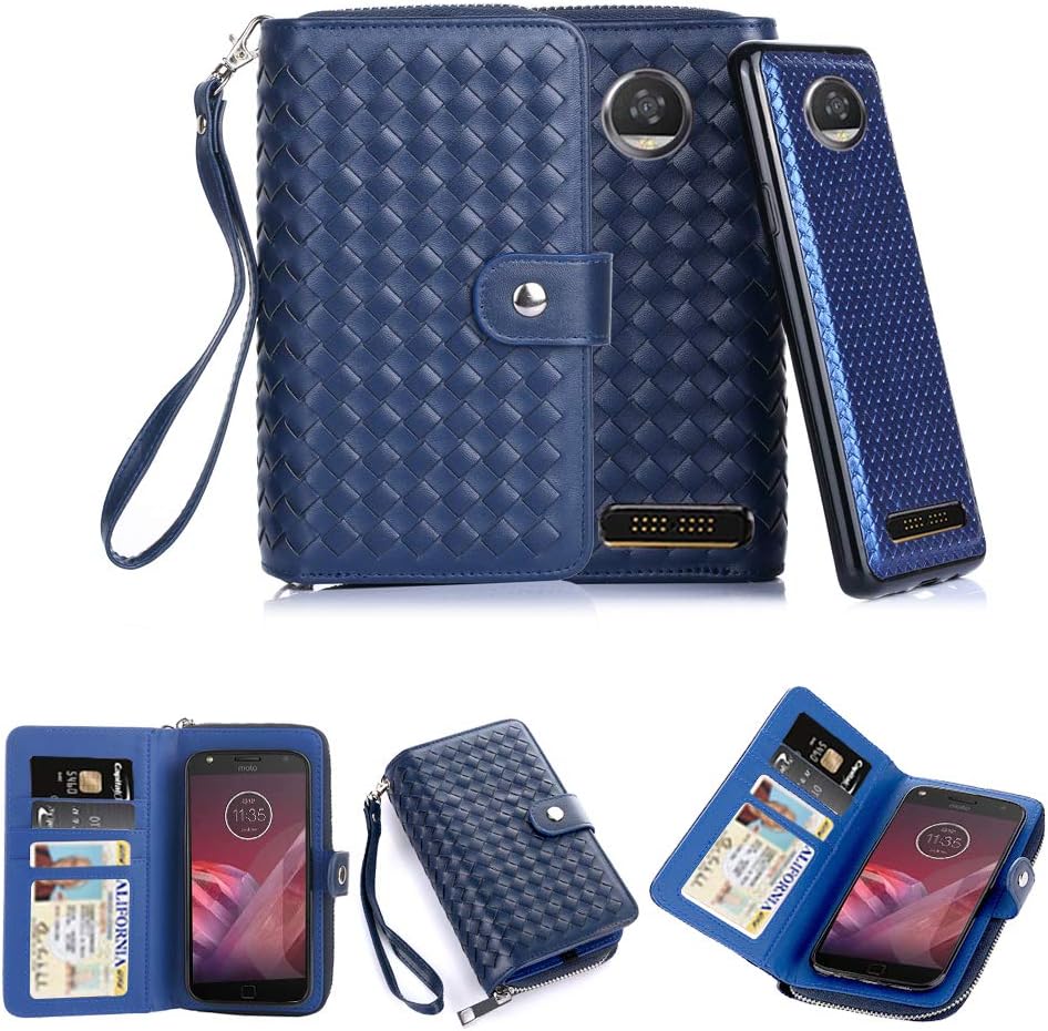 TabPow Moto Z2 Play Case, Weave Zipper Cash Slot, Card Slots, Button Snap, Flip PU Leather Wallet Case Cover with Detachable Magnetic Hard Case - Weave Blue