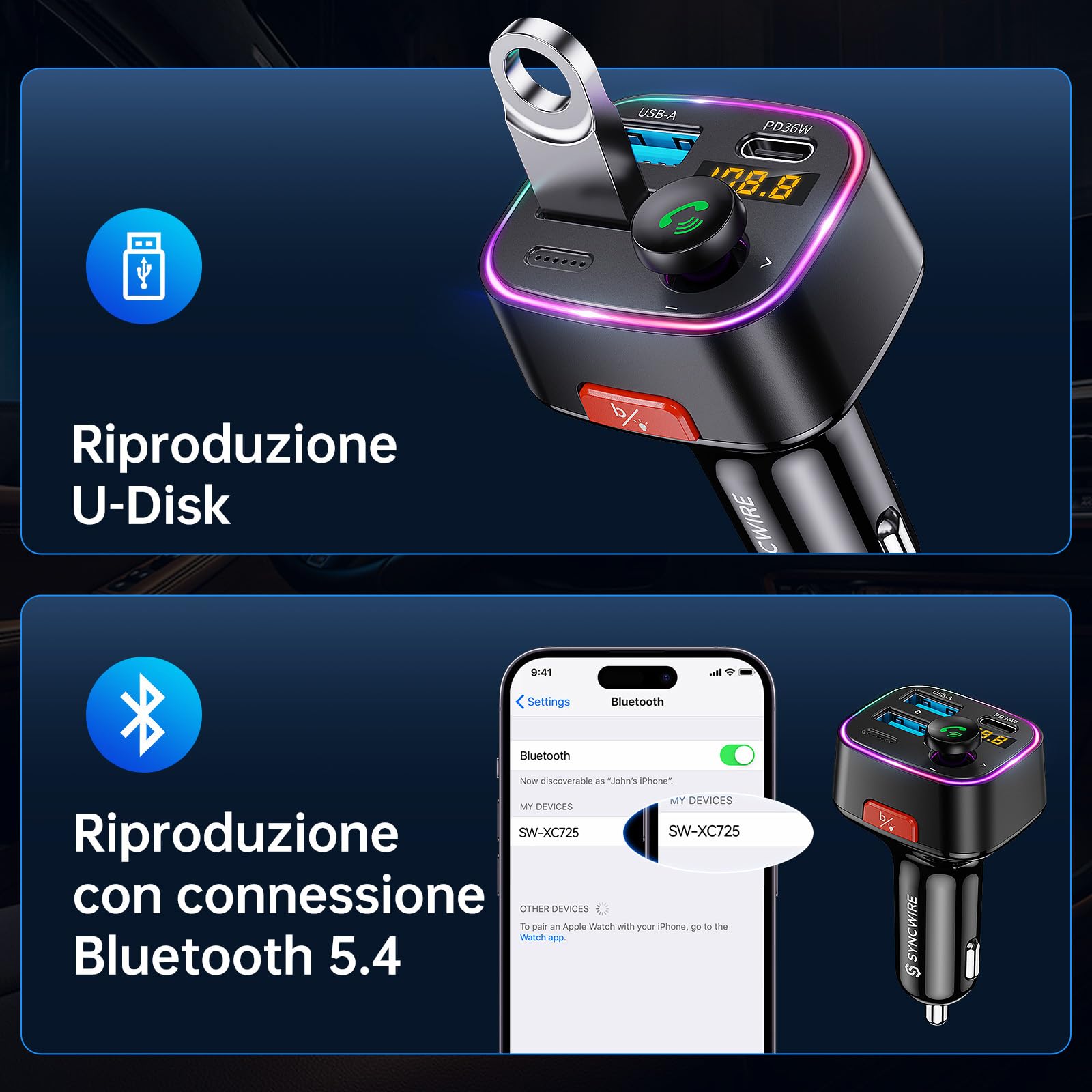 Syncwire Trasmettitore FM Bluetooth 5.4, 48W (PD 36W e 12W) Doppia Porta USB di Ricarica Adattatore Auto, Radio Ricevitore Wireless, Display LED, Chiamate in Vivavoce, Supporto Unità USB 64GB