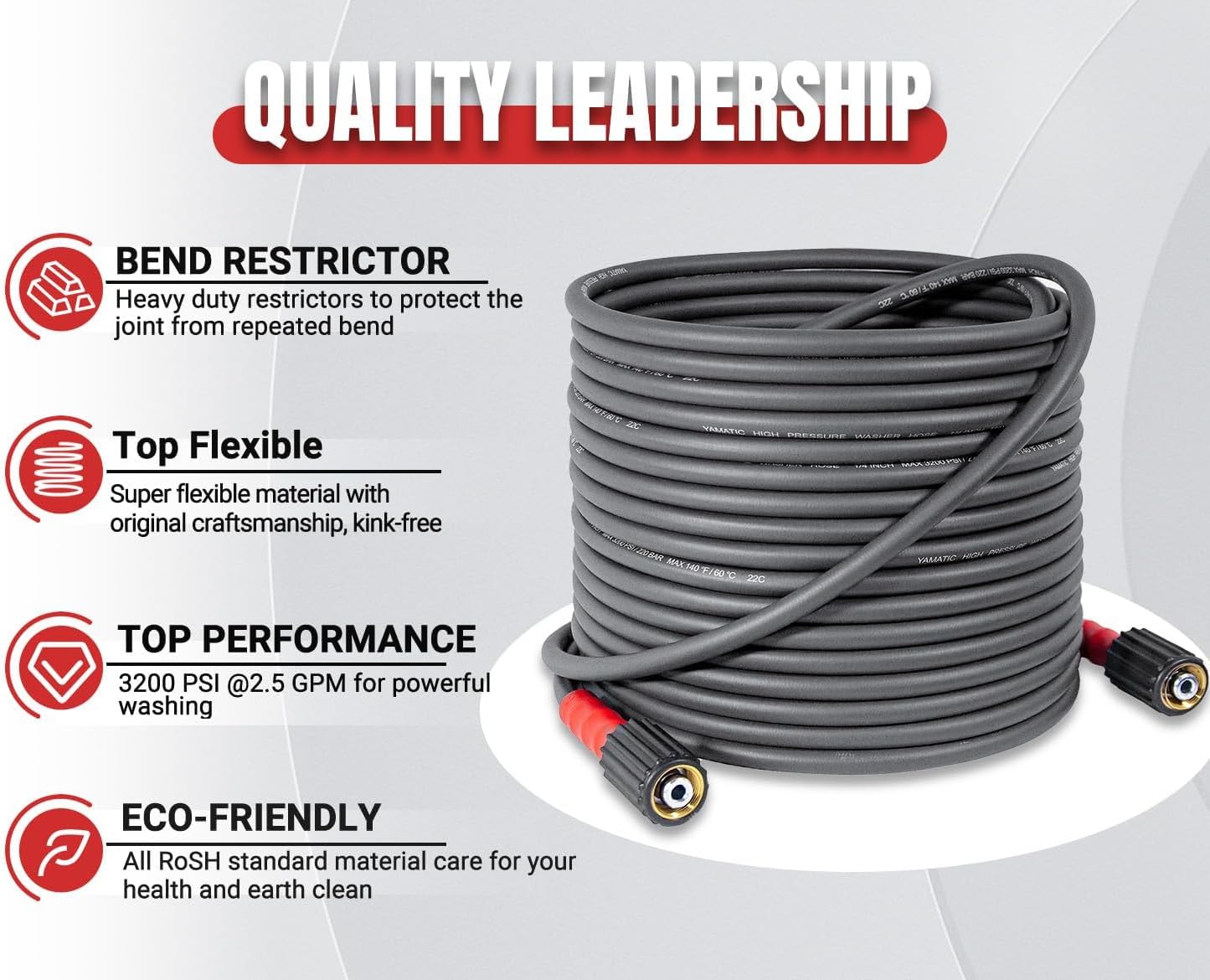 YAMATIC 3200 PSI Pressure Washer Hose 50FT X 1/4" and 4000 PSI 3/8" Swivel Quick Connect & M22 Short Pressure Washer Gun