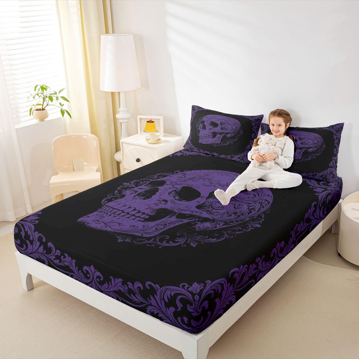 Homemissing Sábana bajera ajustable de Halloween con 2 fundas de almohada, tamaño King, diseño de calavera, sábana bajera ajustable de 16 pulgadas de profundidad, ropa de cama gótica para niños y