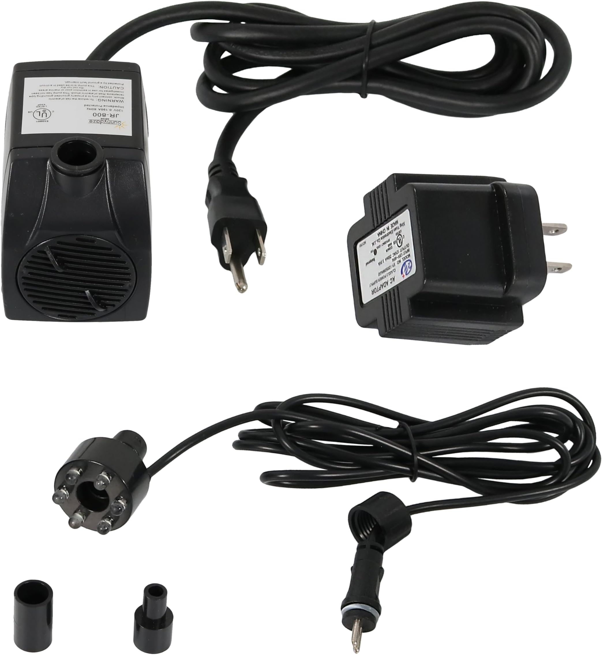 Sunnydaze 200 GPH Submersible Water Pump โ 12W, 12V Small Fountain Pump with Adjustable Flow, White LED Light & Transformer for Outdoor Fountains, Bird Baths, Aquariums