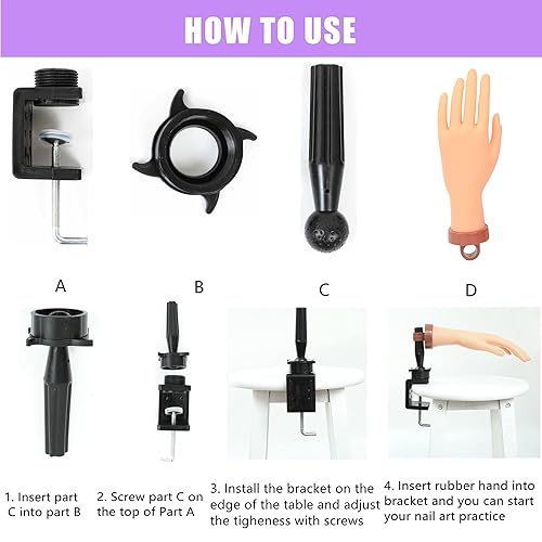 Miniatura 5 de Kit de mano de práctica para uñas acrílicas, mano falsa para uñas postizas, mano de práctica y soporte de abrazadera en C, mano de maniquí para kit