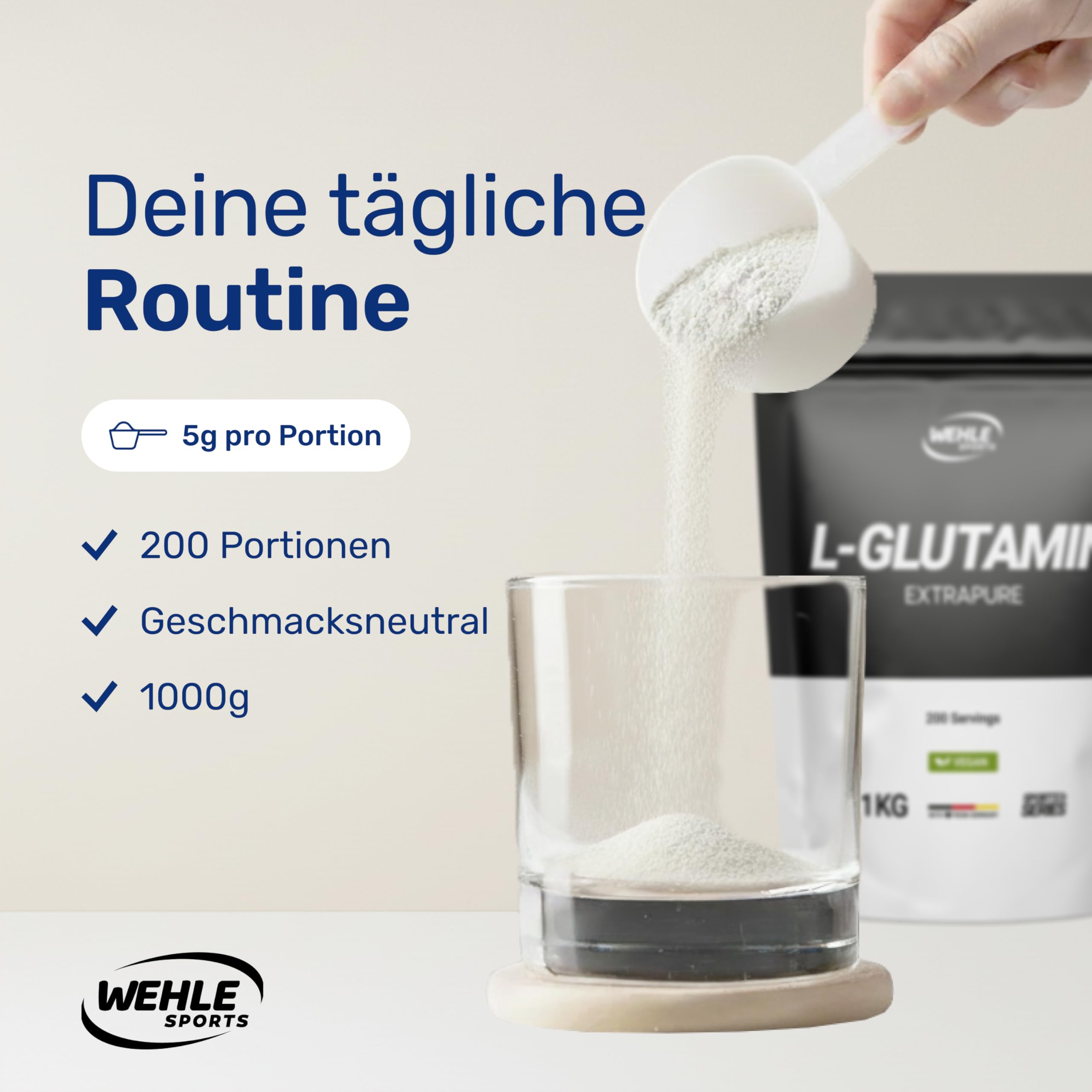 L-Glutamin Pulver 1000g / 1kg – Hochdosiert – Laborgeprüft & vegan – produziert in Deutschland – Neutraler Geschmack