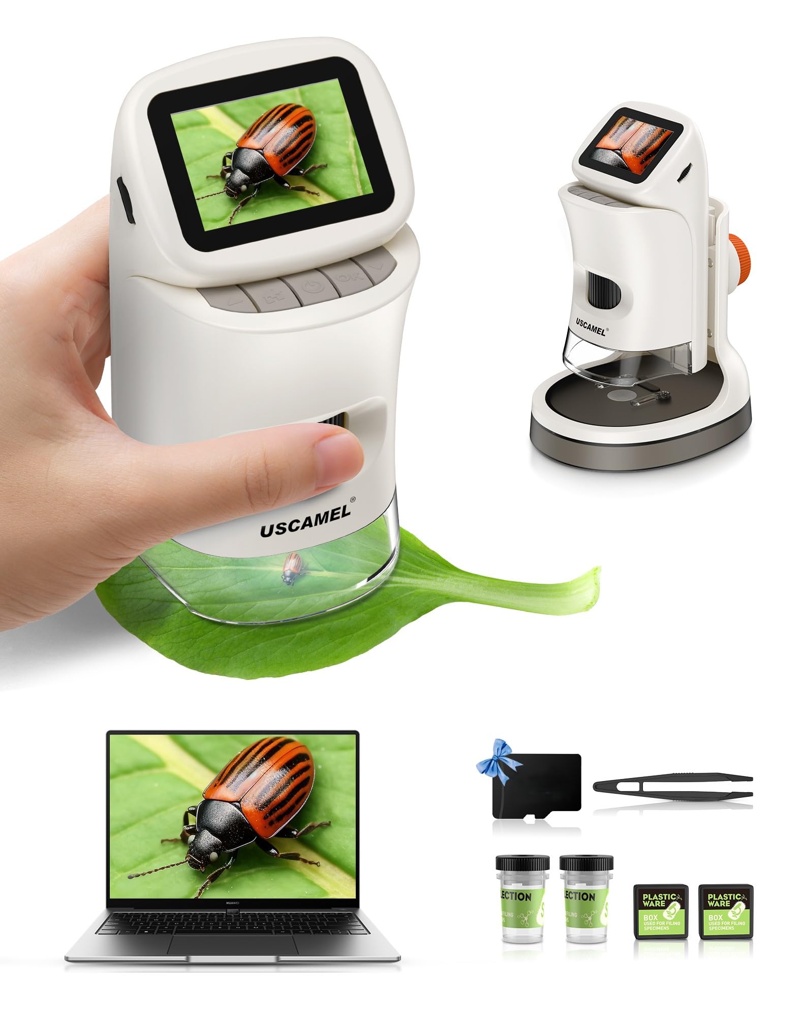 Microscopio portátil de mano para niños: microscopio digital de bolsillo 1000x para niños con pantalla LCD 4K de 2 pulgadas recargable por USB, tarjeta TF de 32 G, 15 diapositivas