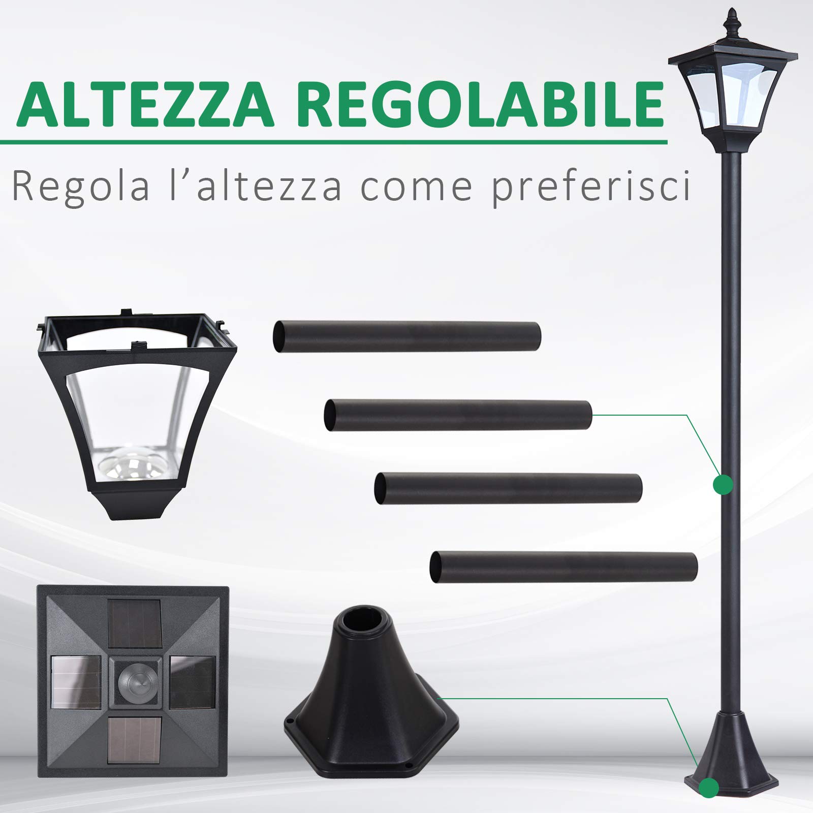 Outsunny Set 2 Lampioncini Solari da Esterno, Lampade da Giardino a Energia Solare Impermeabili IP44, 15x15x120 cm, Nero