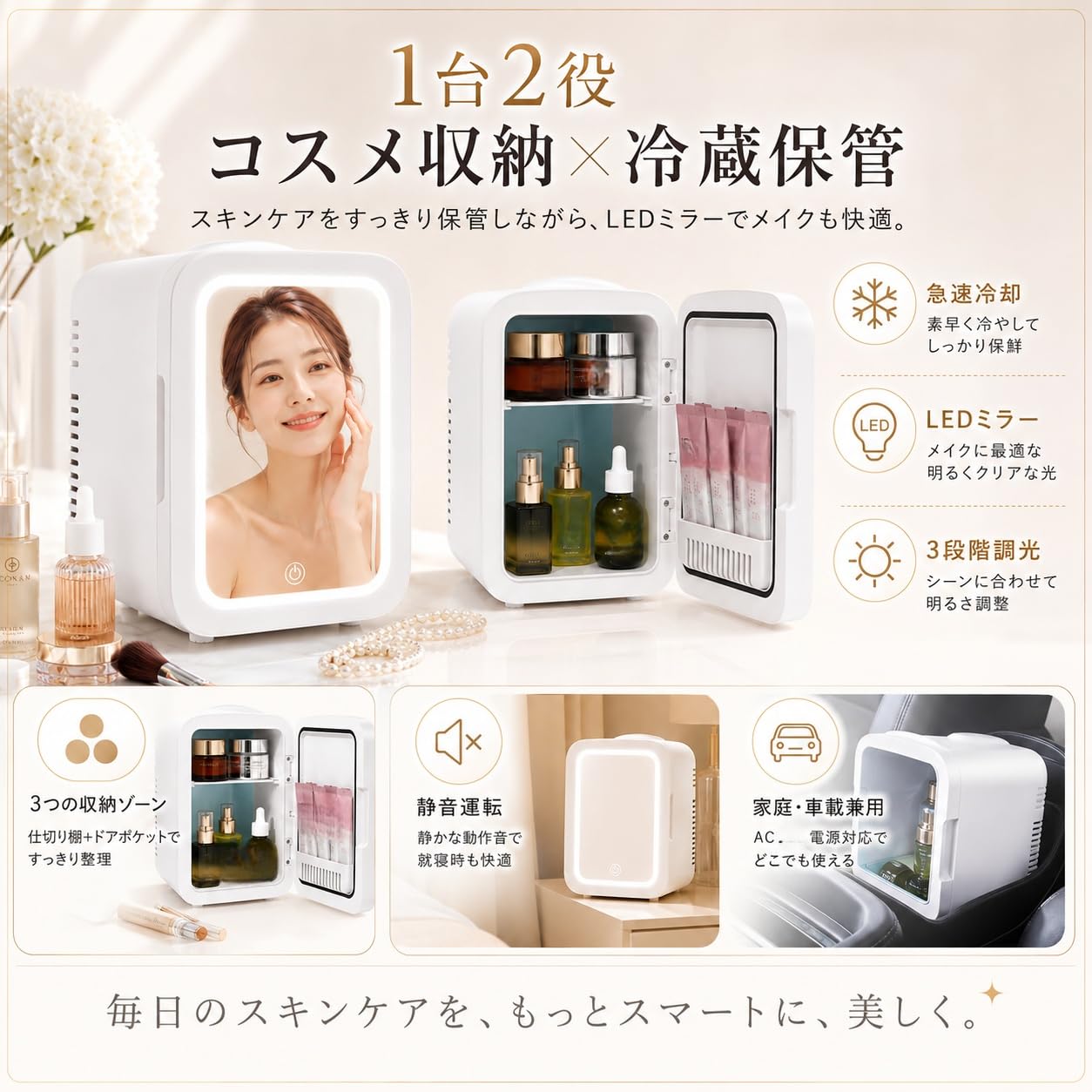 Amazon | 小型冷蔵庫 スキンケア 4L ミニ ポータブル 化粧品 コスメ