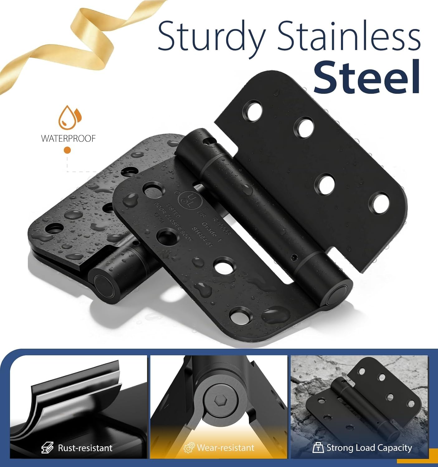 4-Pack Self Closing Door Hinges, 4 Inch Spring Loaded Door Hinges, Adjustable Tension for Exterior,Garage, Front Back Door,Left Right Hand Door, 5/8'' Radius Corners,UL Listed,Black
