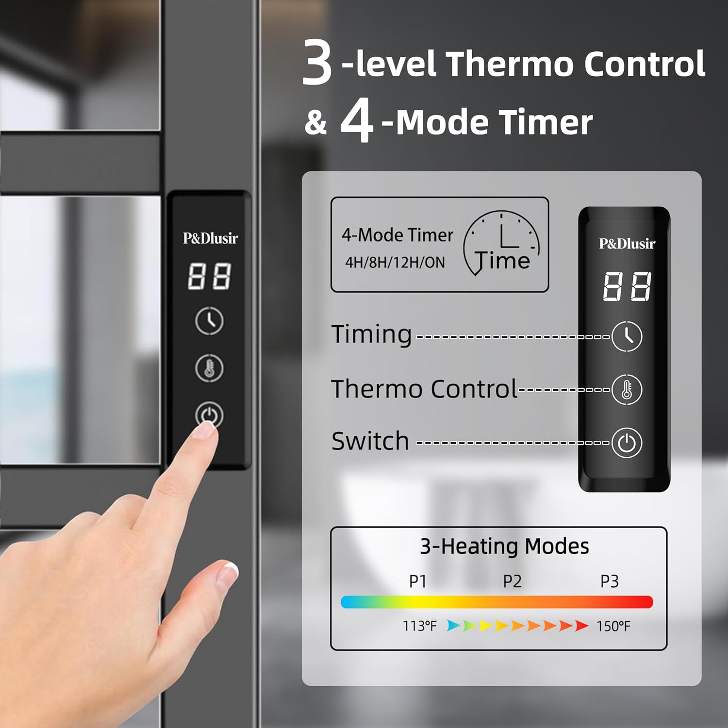 P&Dlusir Square Bar Towel Warmer, Heated Towel Rack with Smart Timer and Thermo Control, Wall-Mounted Heated Towel Rail, Stainless Steel, Hard-Wired/Plug-in, 10 bar, Matte Black