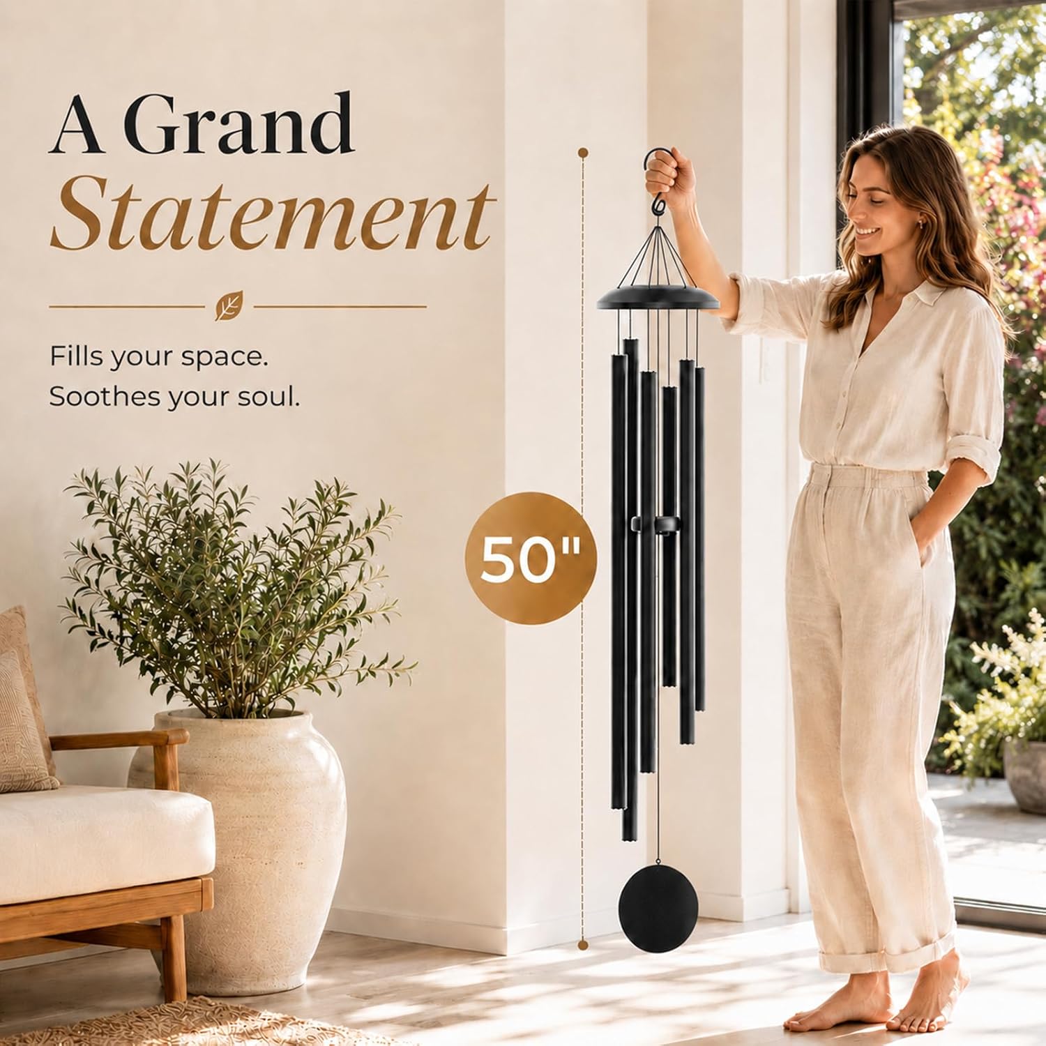 50" Extra Large Wind Chimes for Outside Deep Tone, 6 Extra-Thick Aluminum Tubes for Lasting Resonance, Big Outdoor Wind Chime for Garden Patio Decor, Relaxing Gift for Mom Dad Men Neighbors, Black