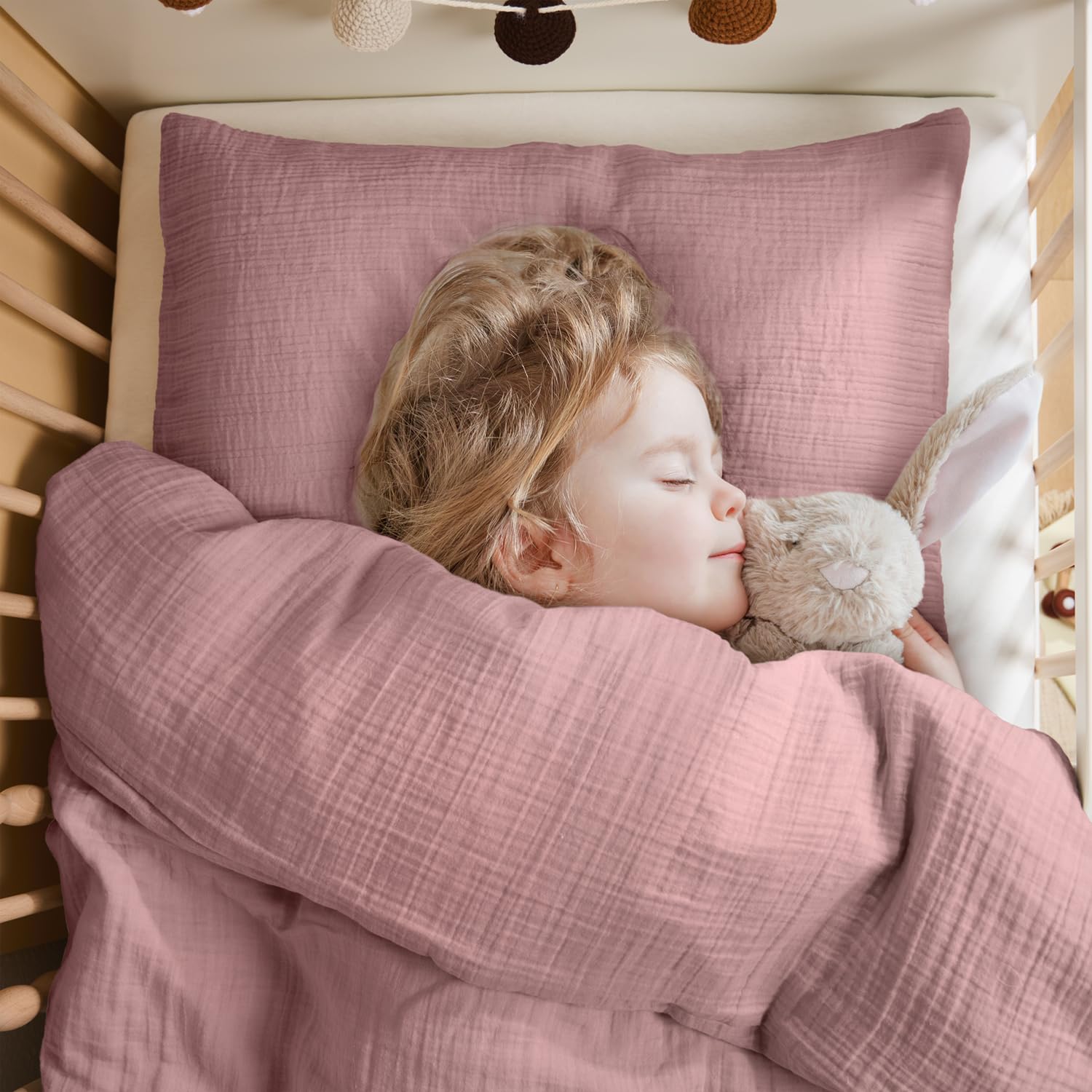 LAYNENBURG Musselin Kinderbeddengoed, 100 x 135 cm, 40 x 60 cm, 100% katoen, Oeko-Tex standaard, 3-laags mousseline beddengoedset voor baby's, kinderen, jongens en meisjes, beige