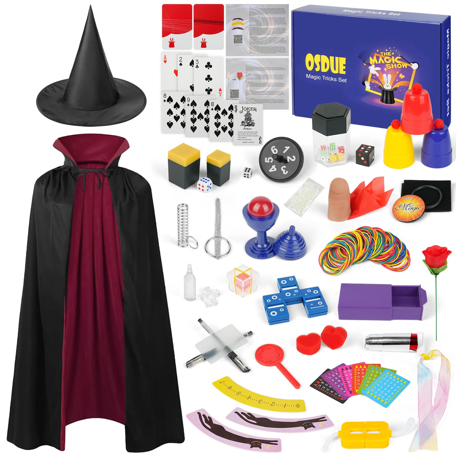 OSDUE Magiczne gry, 24 magiczne sztuczki dla dzieci, mały początkujący magiczna różdżka, zestaw magicznych sztuczek dla dzieci z magiczną peleryną i kapeluszem, prezent dla chłopców, dziewcząt