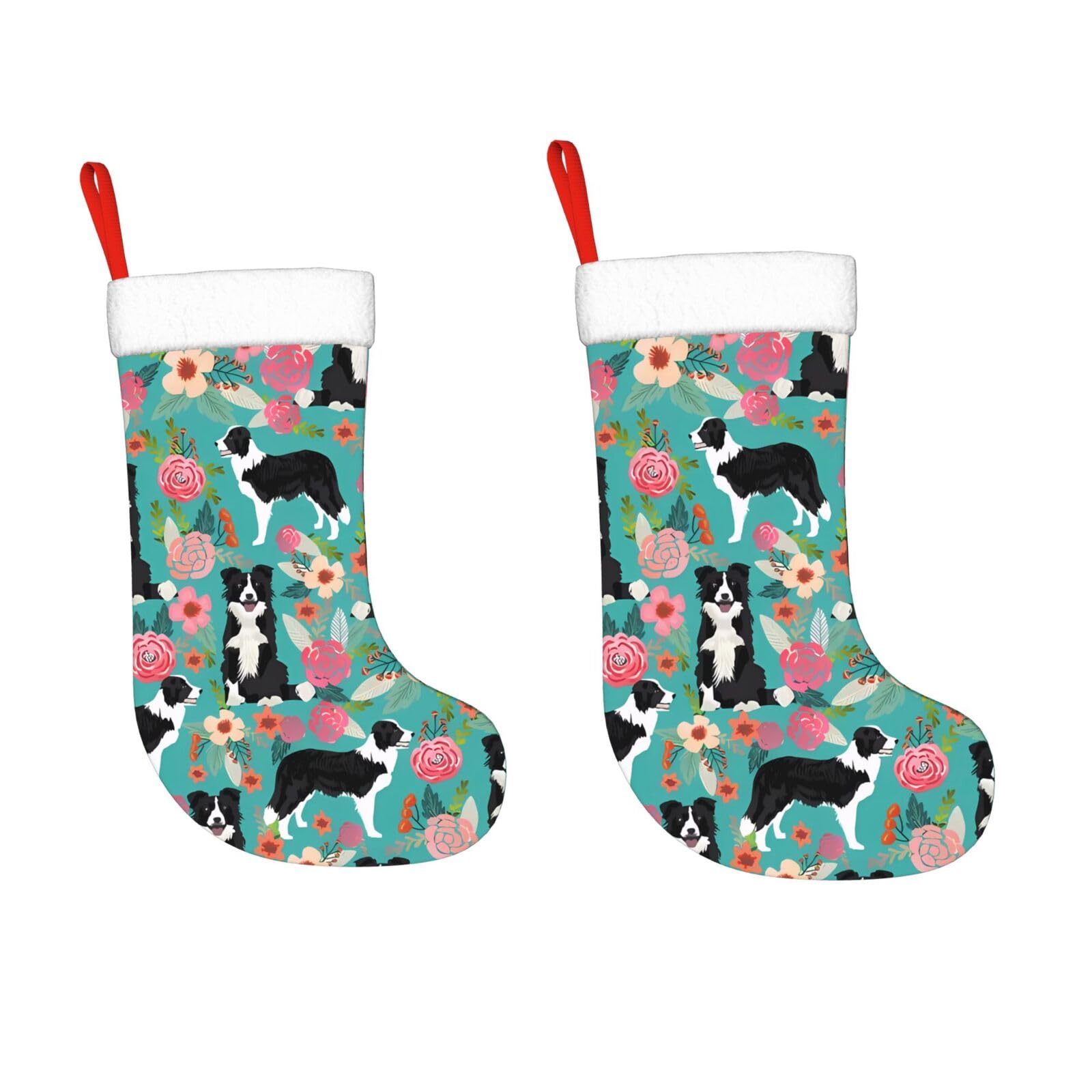 KLOPH 2 Pack 18 Inches Christmas Stockings Personalized Border Collie Florals Xmas Stocking Hanging Decoration Fireplace Stocking for Holiday Xmas Tree Christmas Fireplace Decor Gifts
